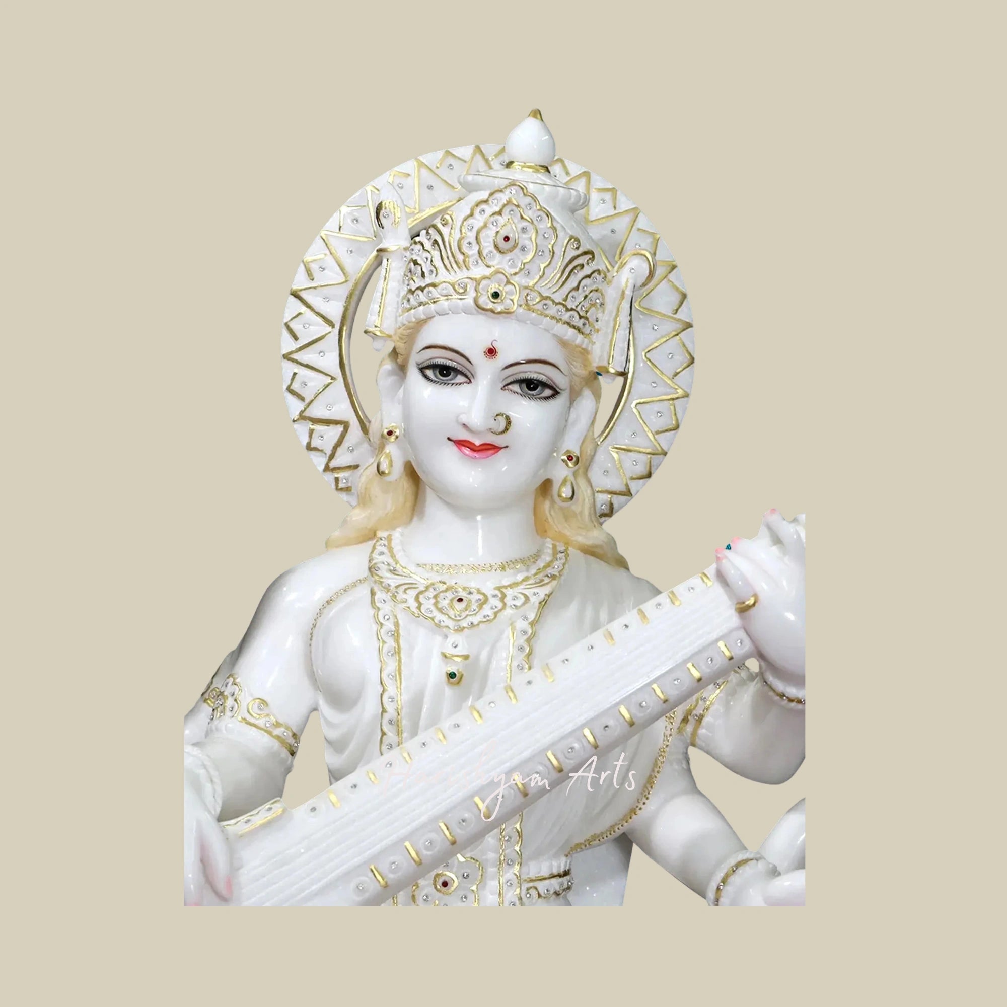 36" Saraswati Idol in Super White Vietnam Marble Perfect for Temples & Schools