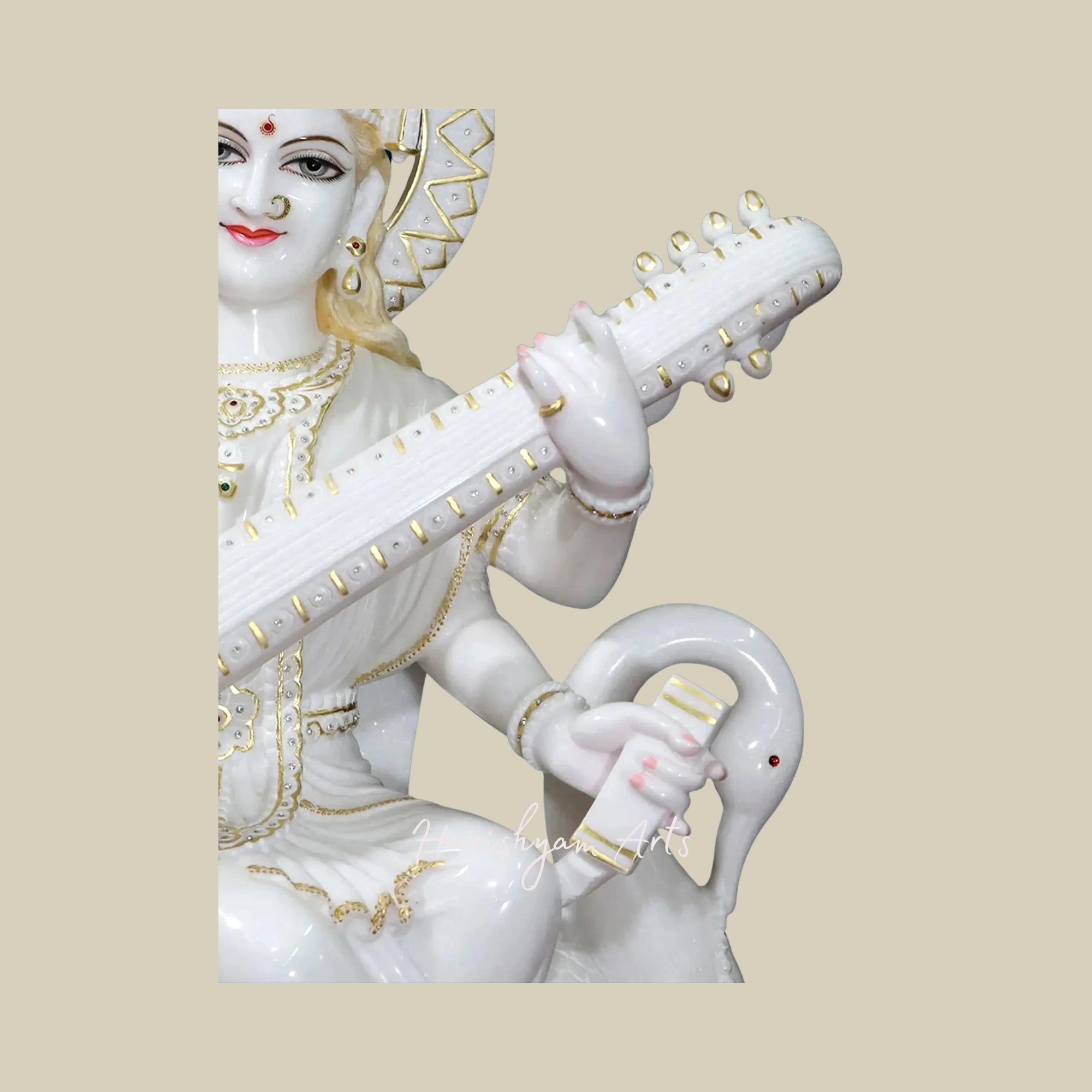 36" Saraswati Idol in Super White Vietnam Marble Perfect for Temples & Schools