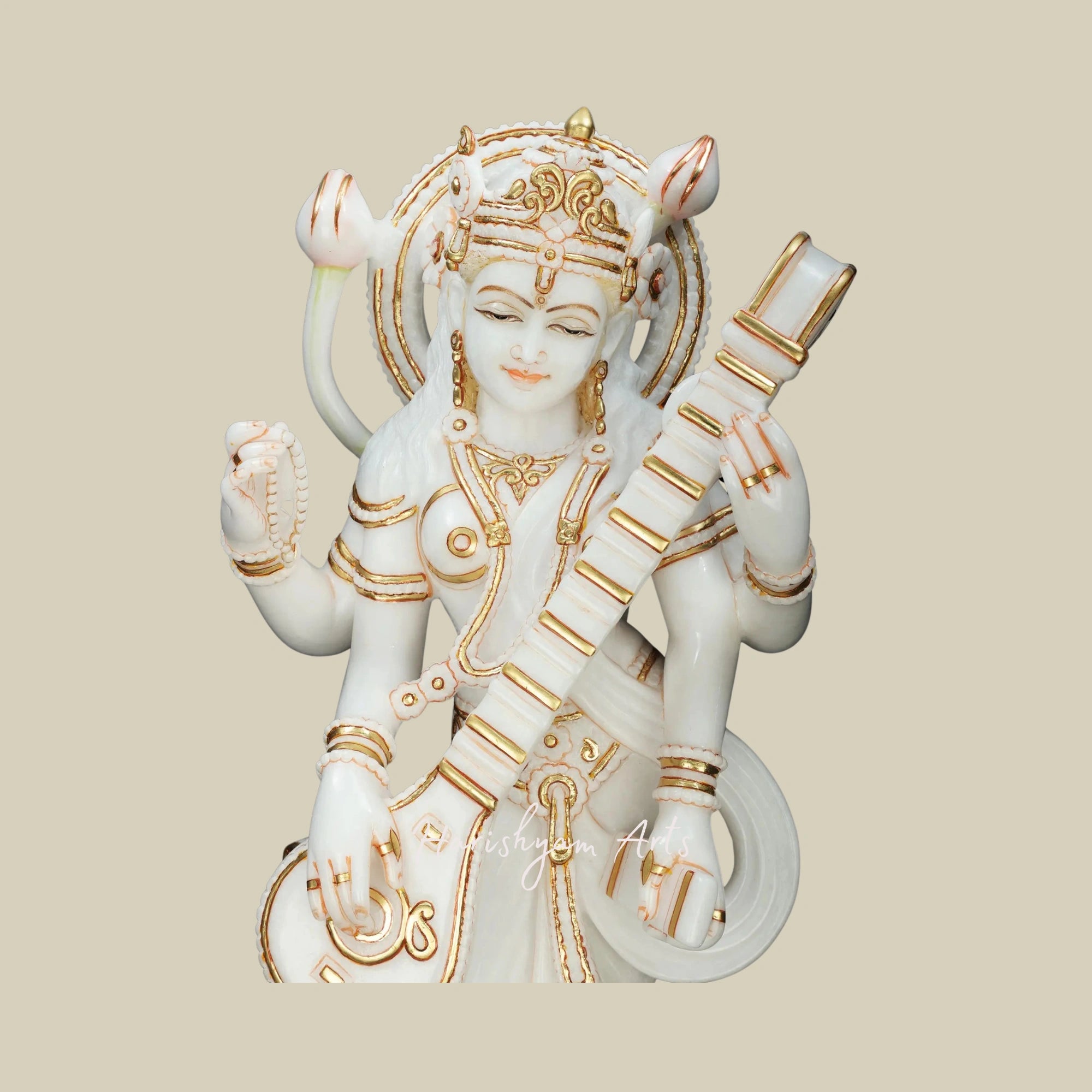 36" Standing Saraswati Marble Statue White Marble Artwork5