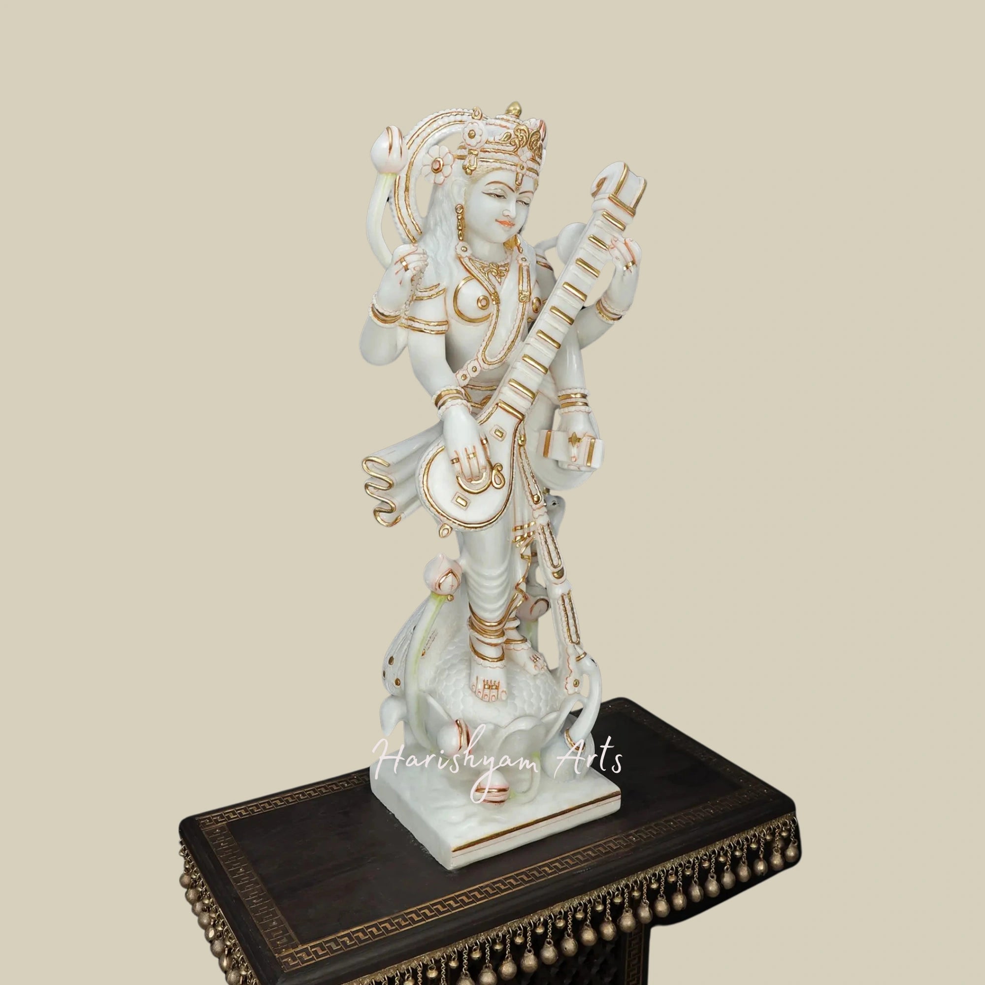 36" Standing Saraswati Marble Statue White Marble Artwork