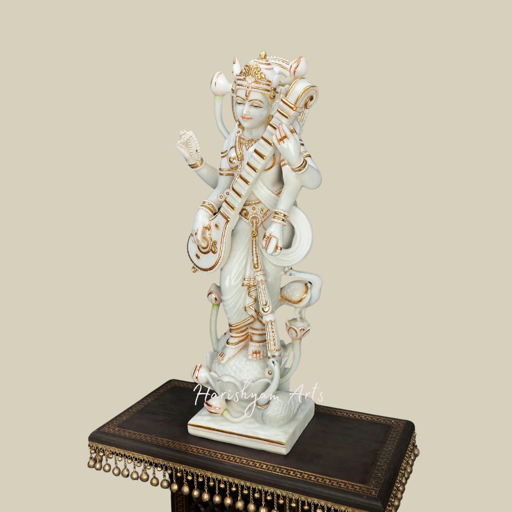 36" Standing Saraswati Marble Statue White Marble Artwork