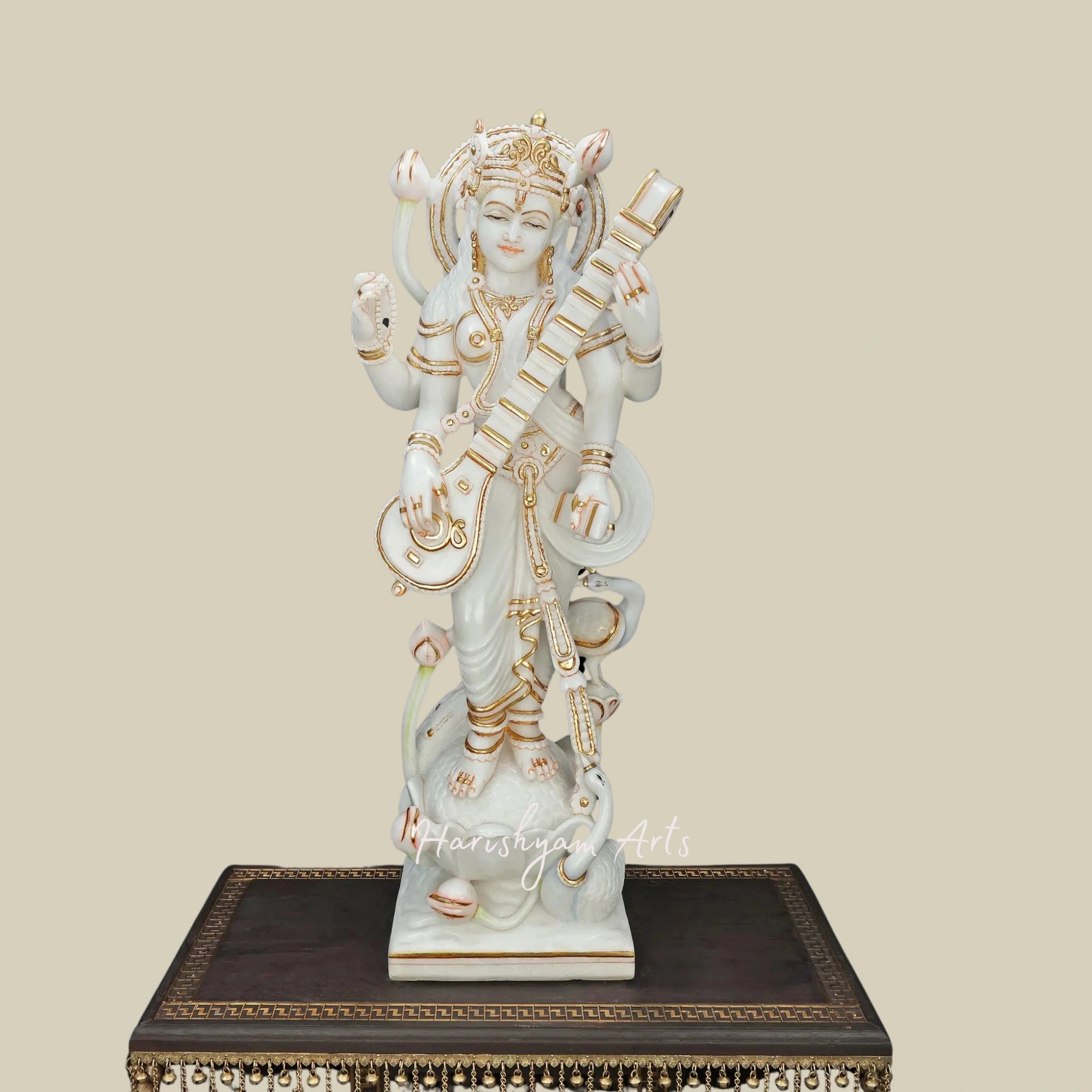 36" Standing Saraswati Marble Statue White Marble Artwork8