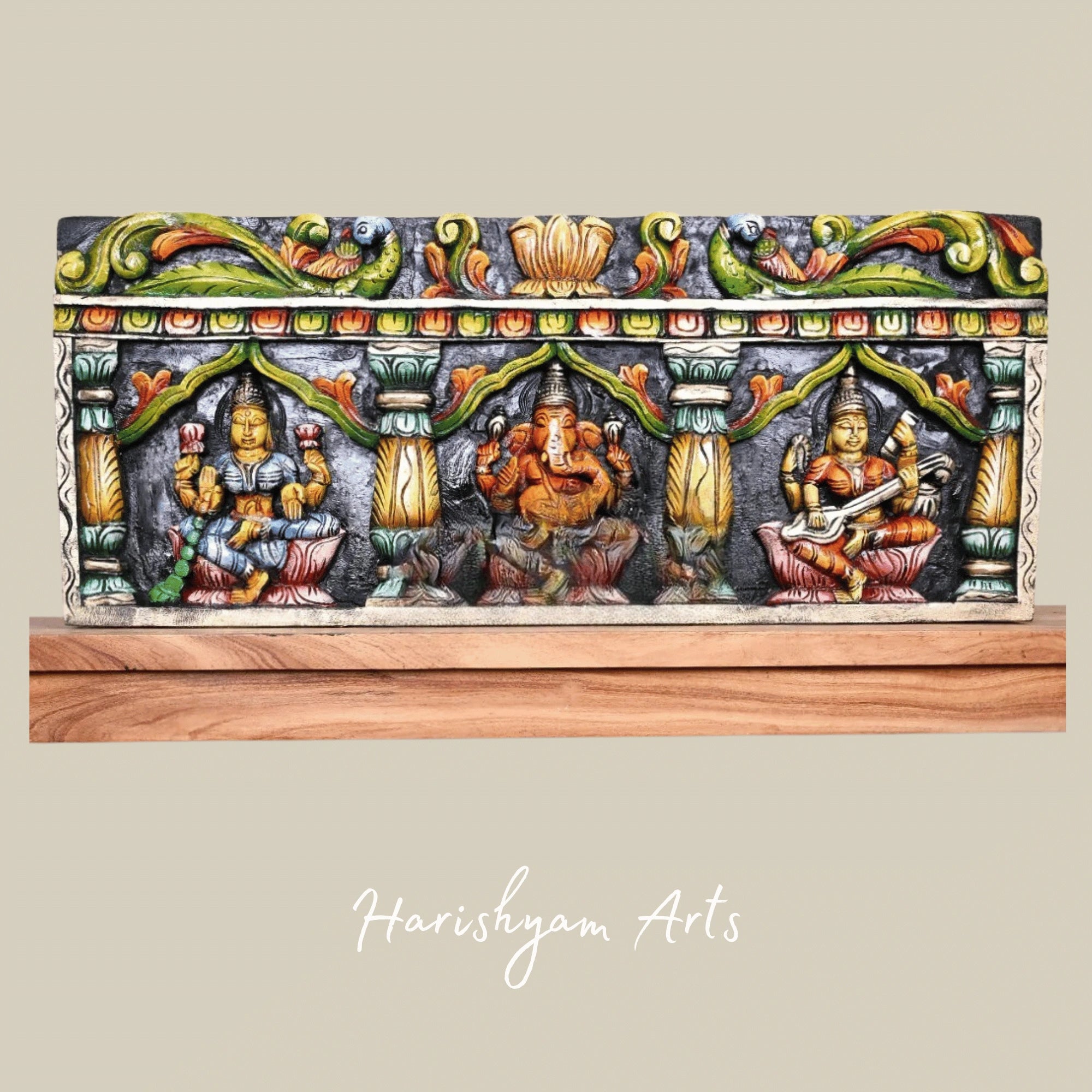 36" Temple Style Mahalakshmi, Ganesha & Saraswati Triple Deity Wooden Panel