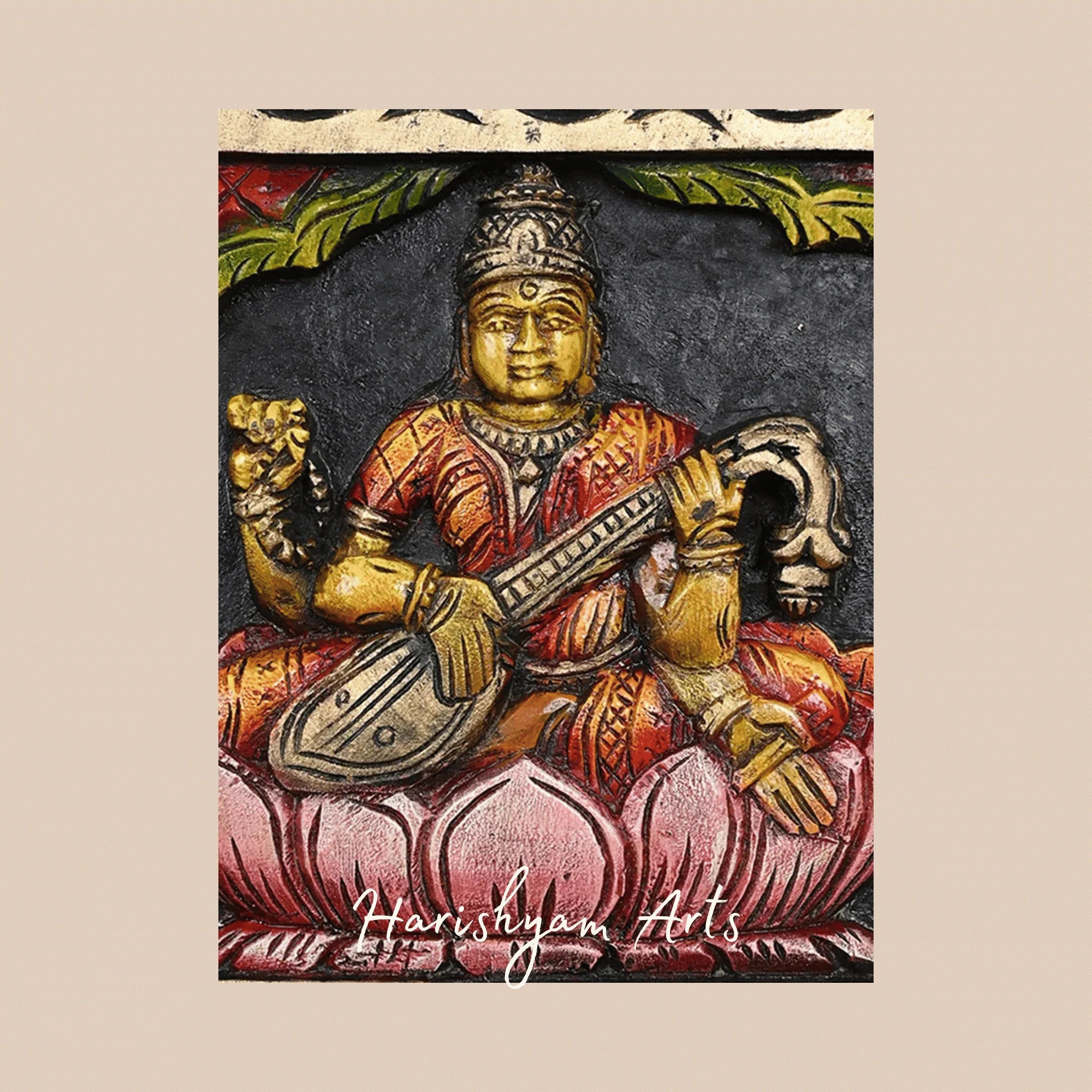 36" Temple Style Mahalakshmi, Ganesha & Saraswati Triple Deity Wooden Panel