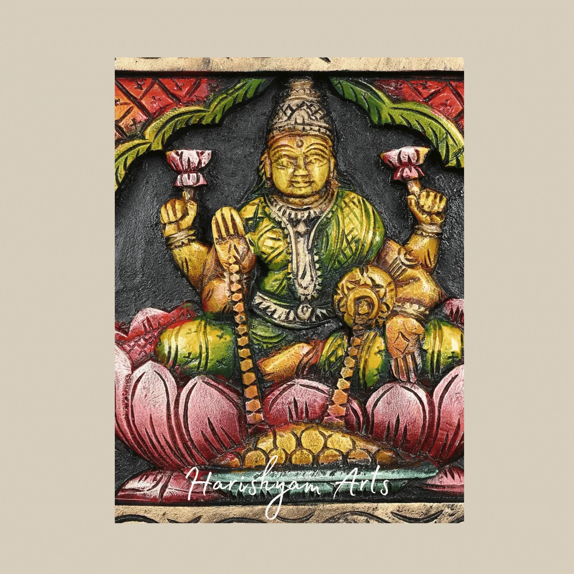 36" Temple Style Mahalakshmi, Ganesha & Saraswati Triple Deity Wooden Panel