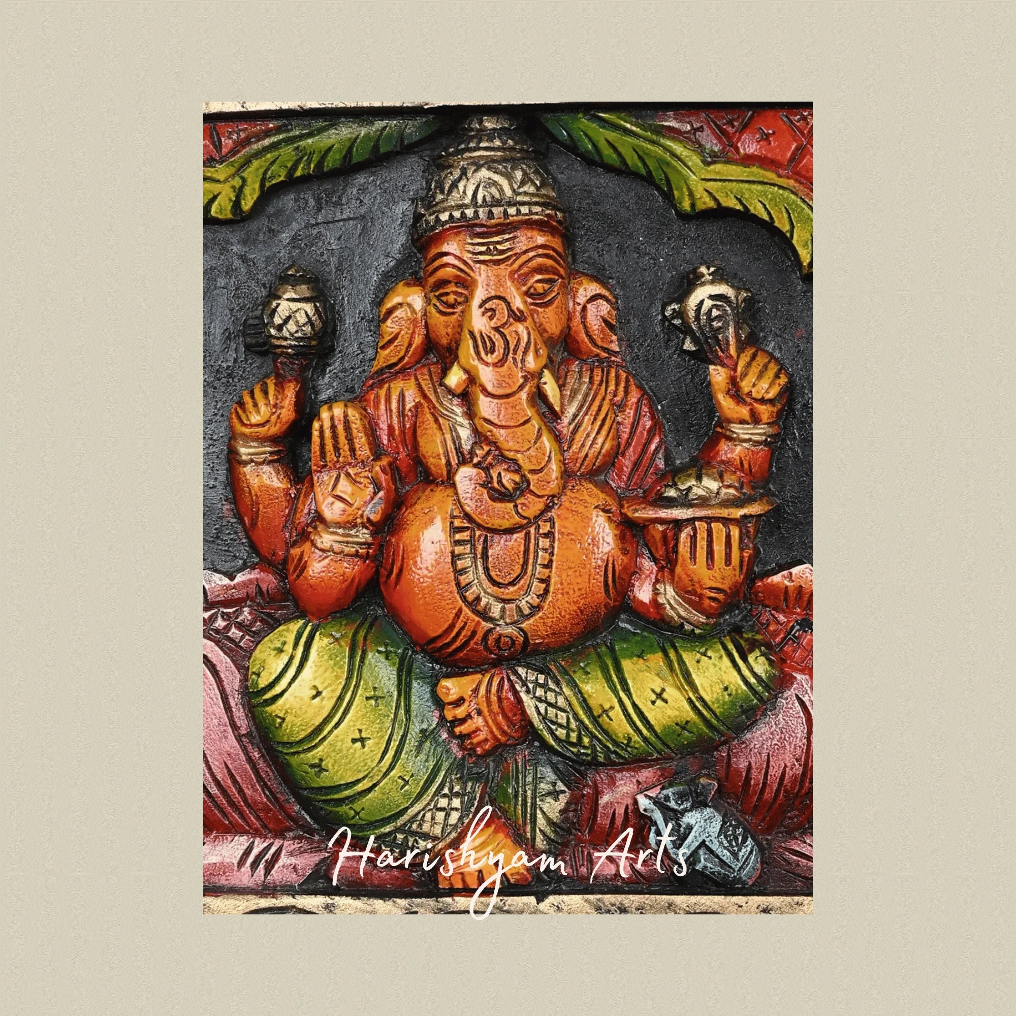36" Temple Style Mahalakshmi, Ganesha & Saraswati Triple Deity Wooden Panel