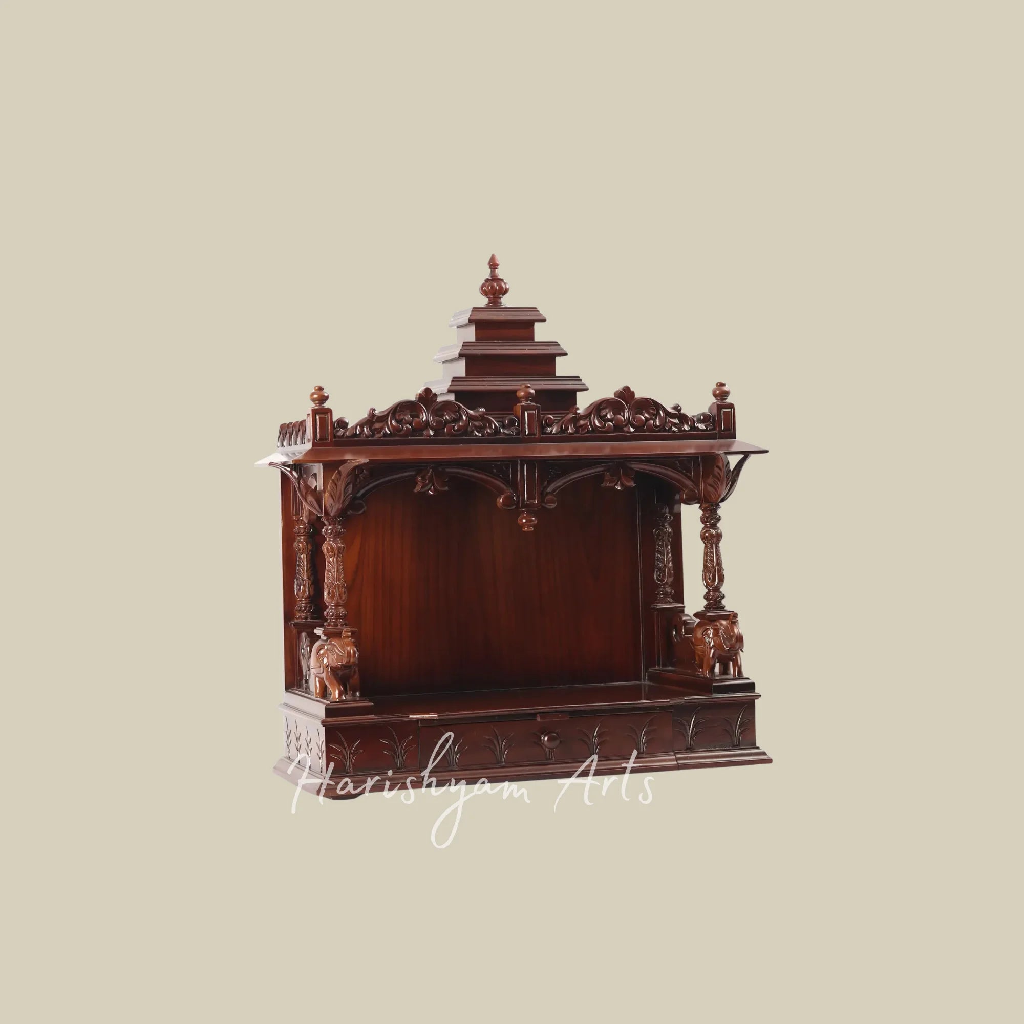 36" Wall Mounted Wooden Mandir with Traditional Temple Tower and Intricate Elephant Carvings