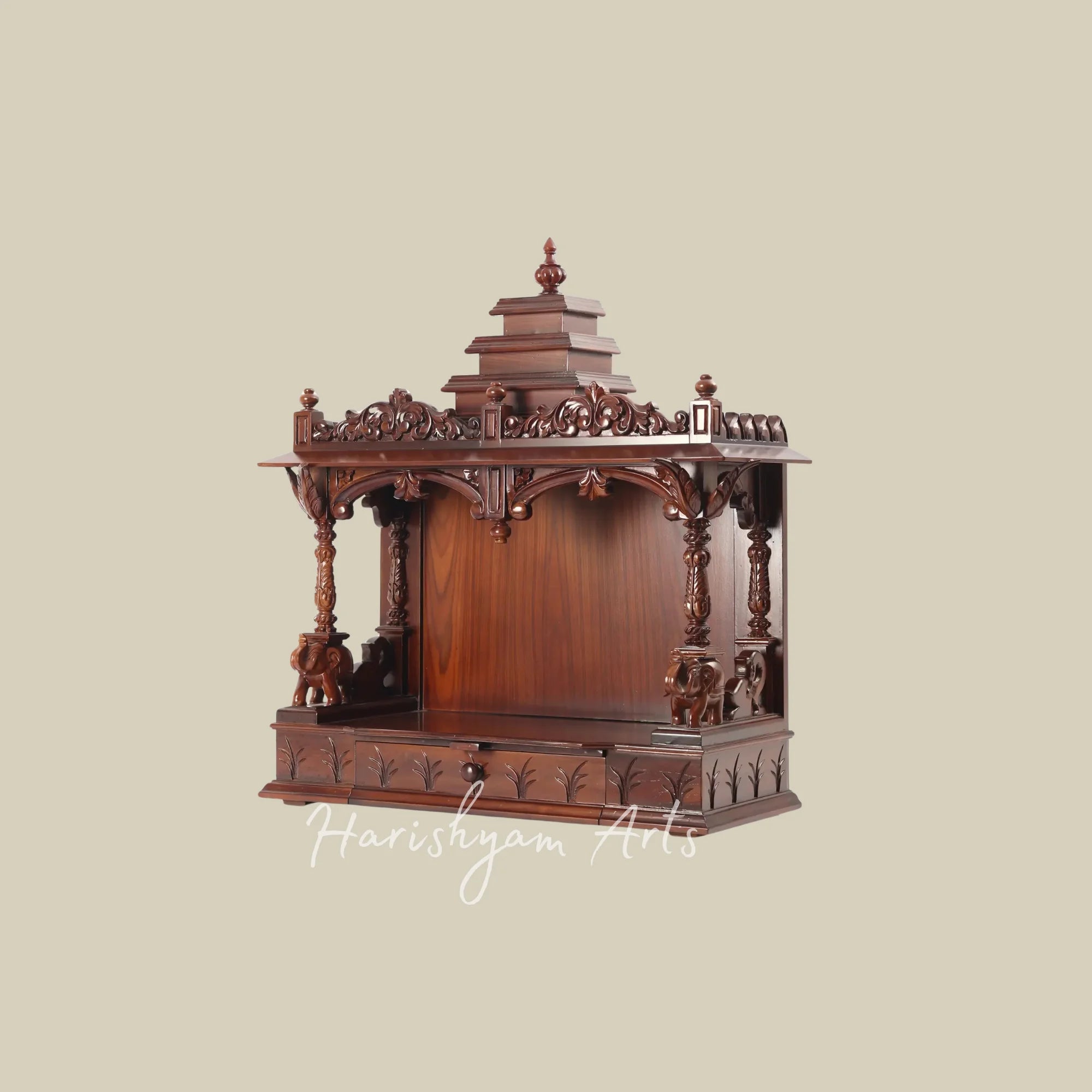 36" Wall Mounted Wooden Mandir with Traditional Temple Tower and Intricate Elephant Carvings