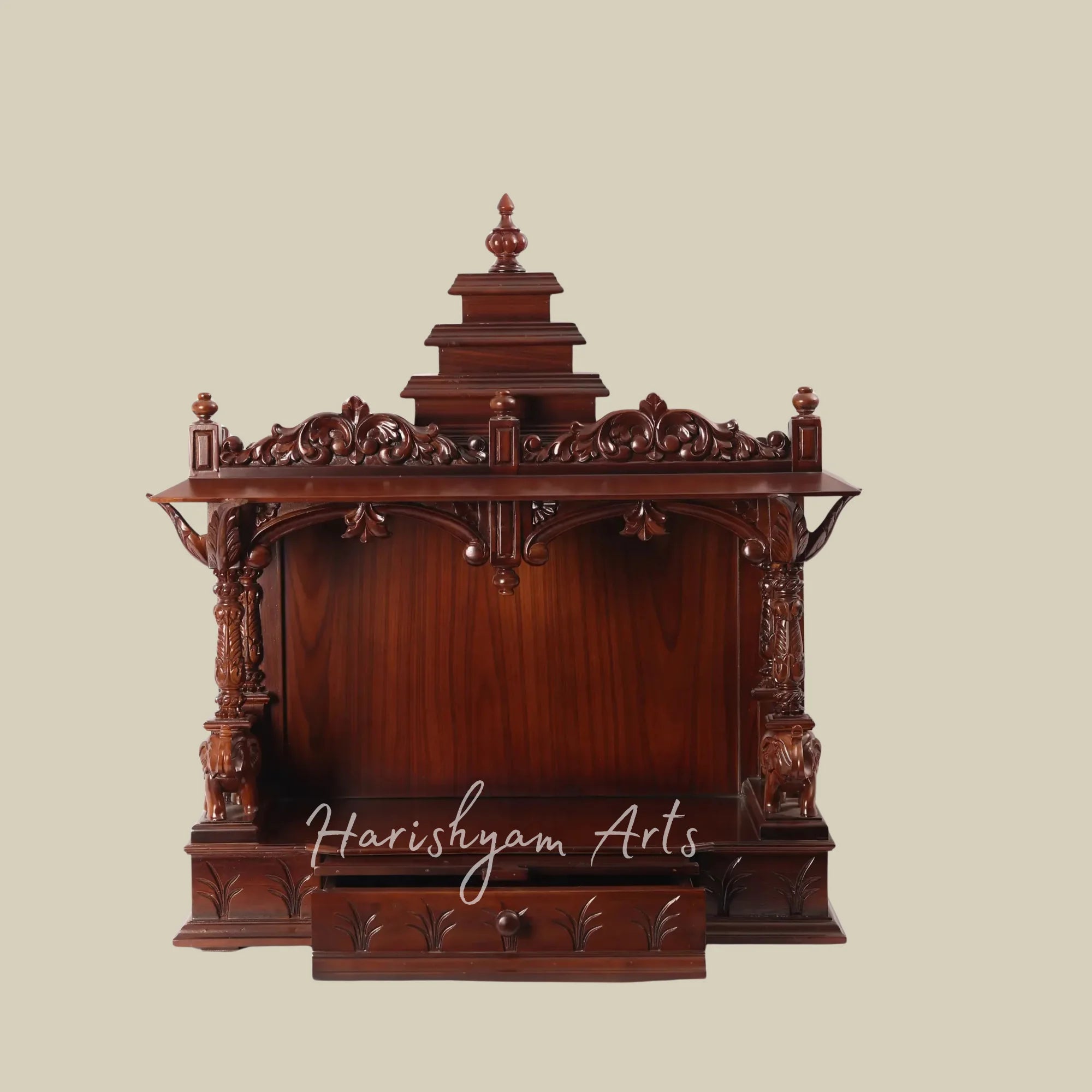 36" Wall Mounted Wooden Mandir with Traditional Temple Tower and Intricate Elephant Carvings
