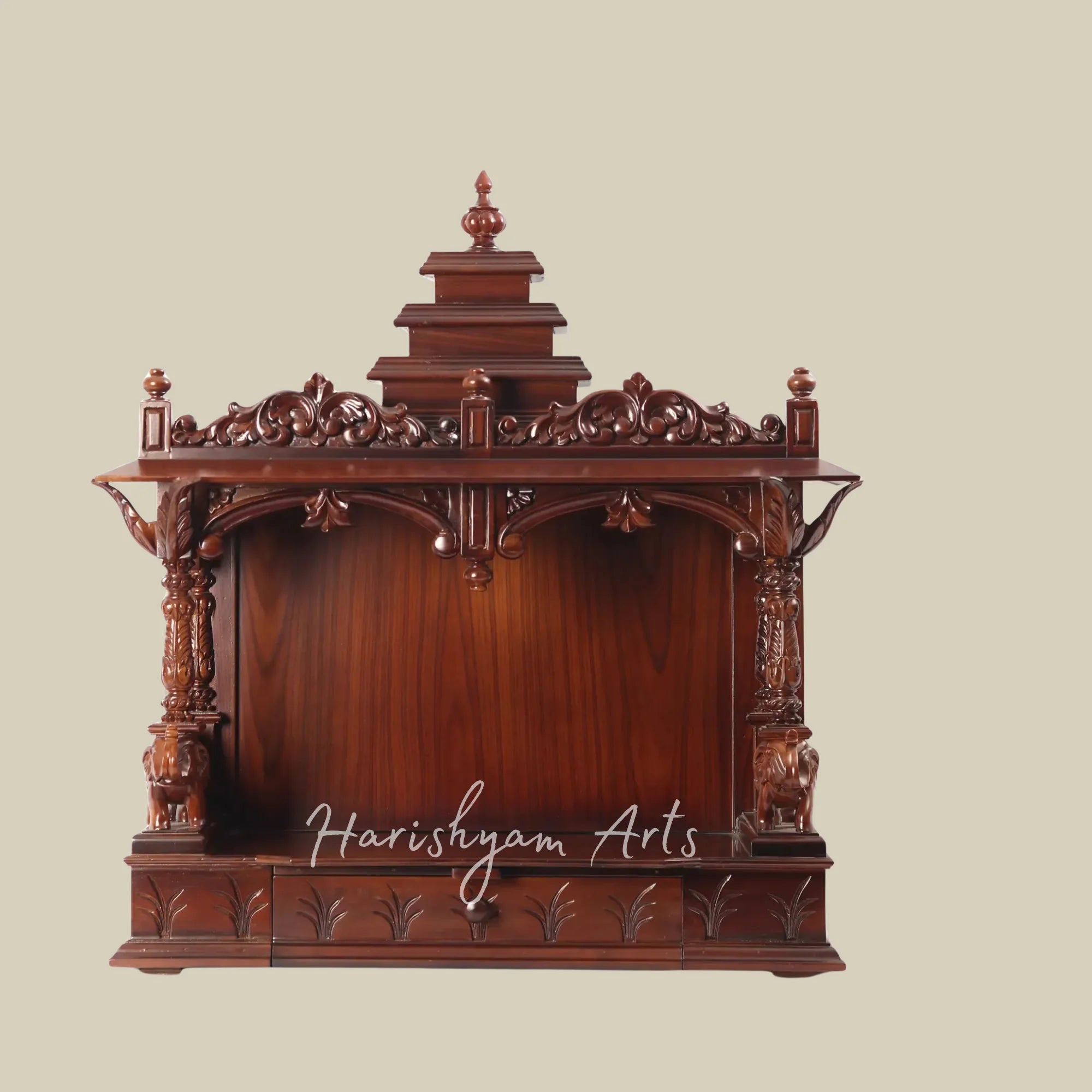 36" Wall Mounted Wooden Mandir with Traditional Temple Tower and Intricate Elephant Carvings