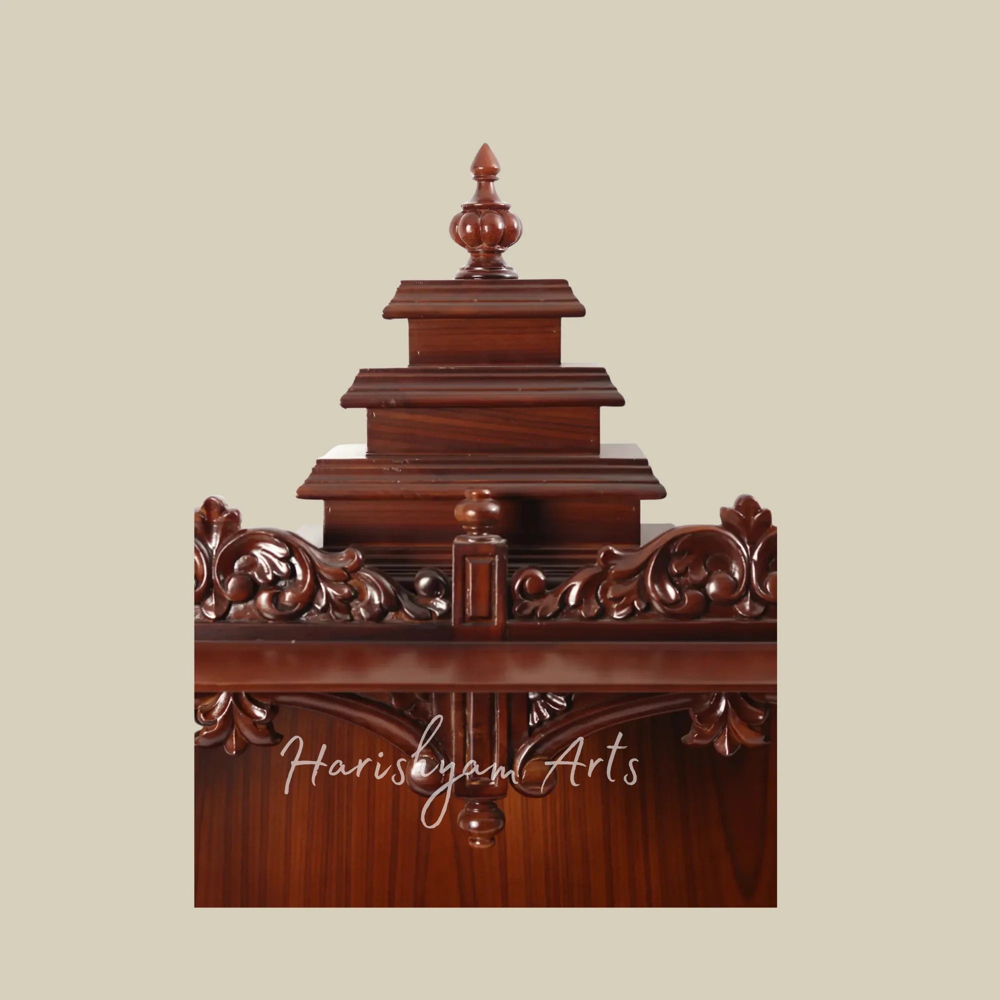 36" Wall Mounted Wooden Mandir with Traditional Temple Tower and Intricate Elephant Carvings