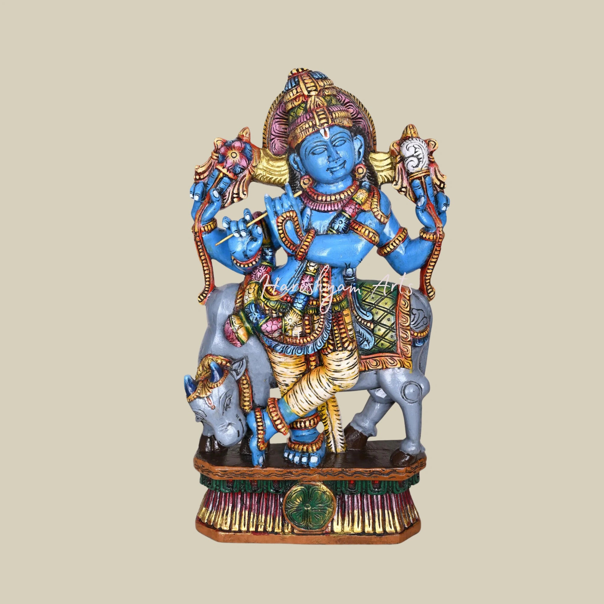 36" Wooden Krishna with Flute Statue, Handcrafted Venugopal Krishna with Grey Cow, Beautiful Decorative Sculpture