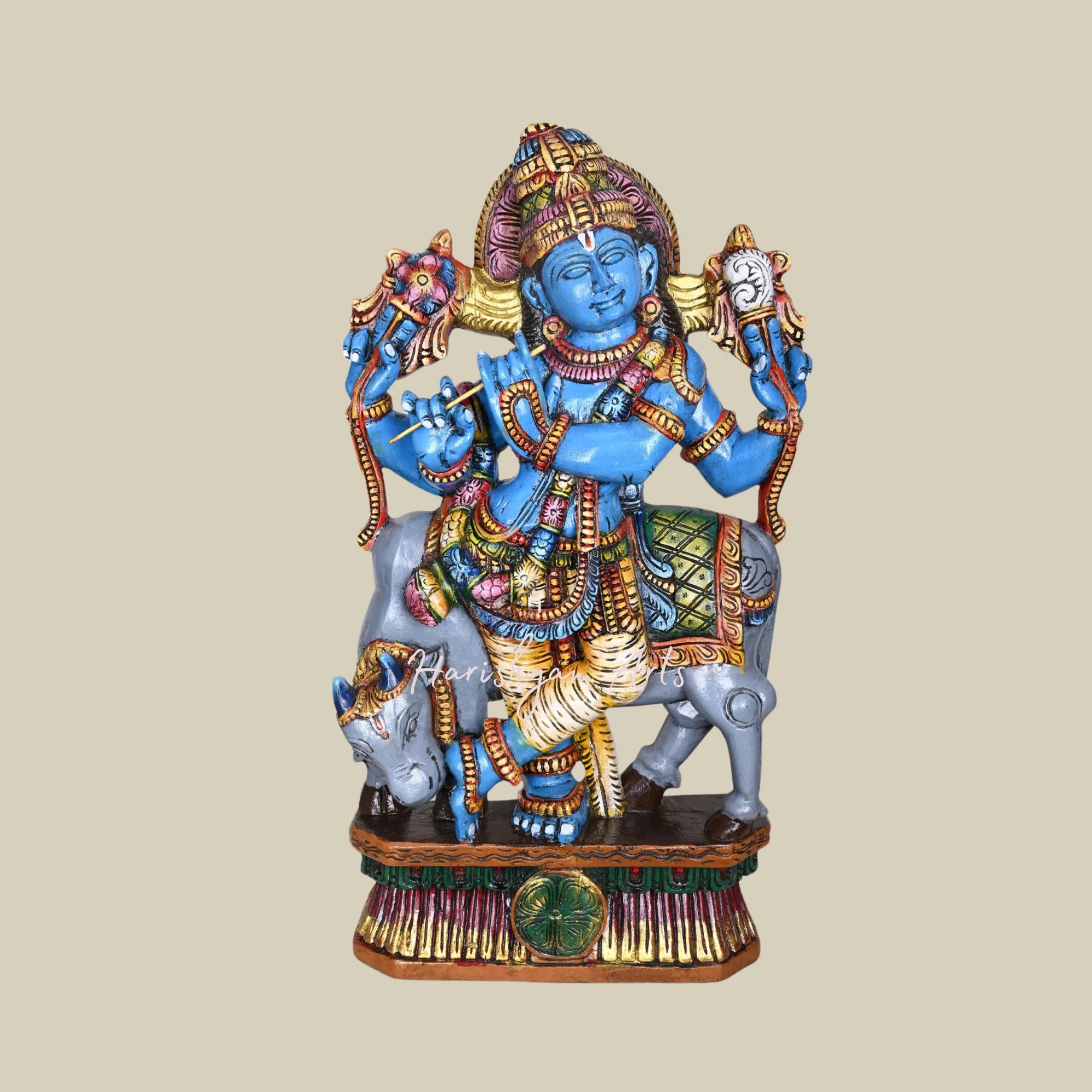 36" Wooden Krishna with Flute Statue, Handcrafted Venugopal Krishna with Grey Cow, Beautiful Decorative Sculpture1