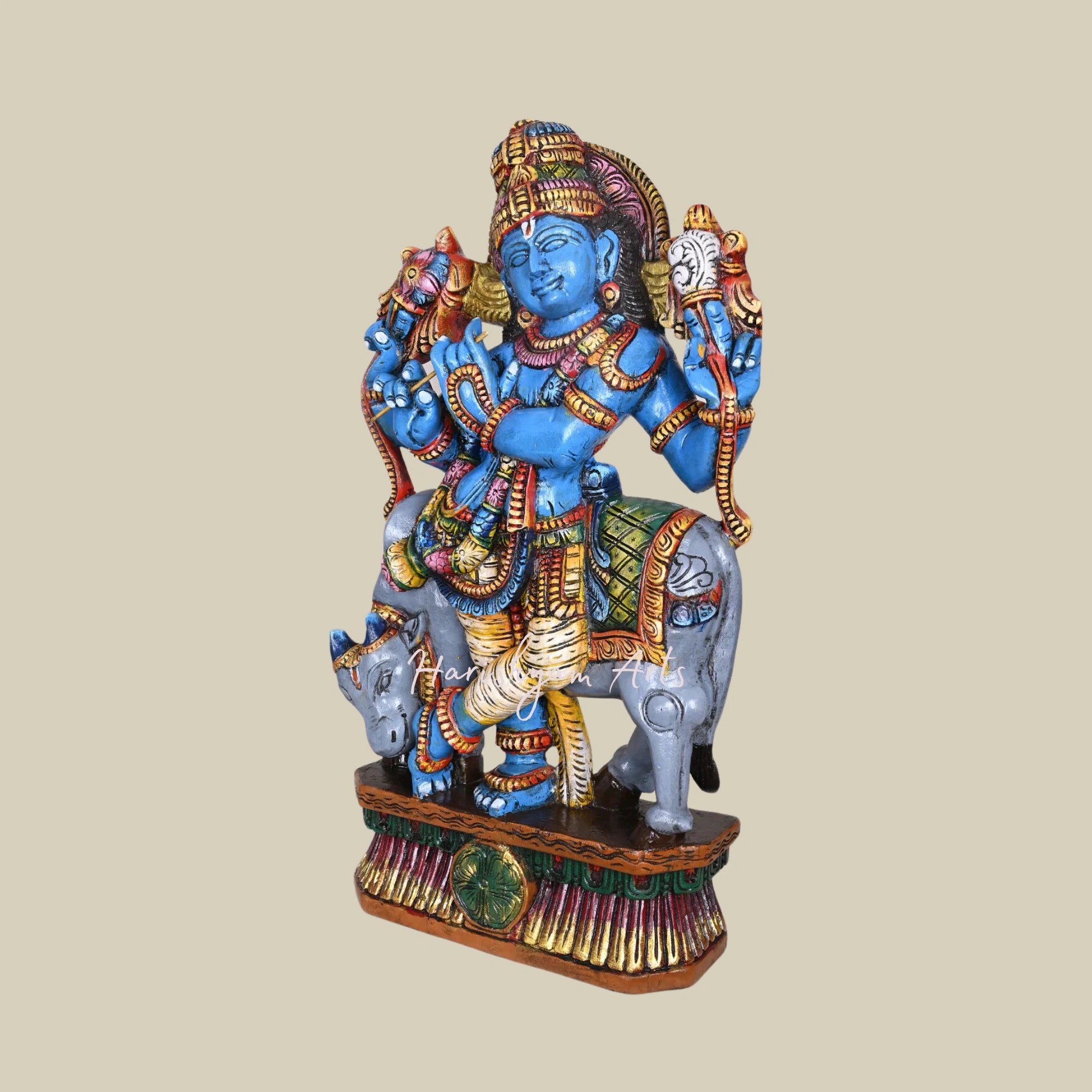 36" Wooden Krishna with Flute Statue, Handcrafted Venugopal Krishna with Grey Cow, Beautiful Decorative Sculpture3