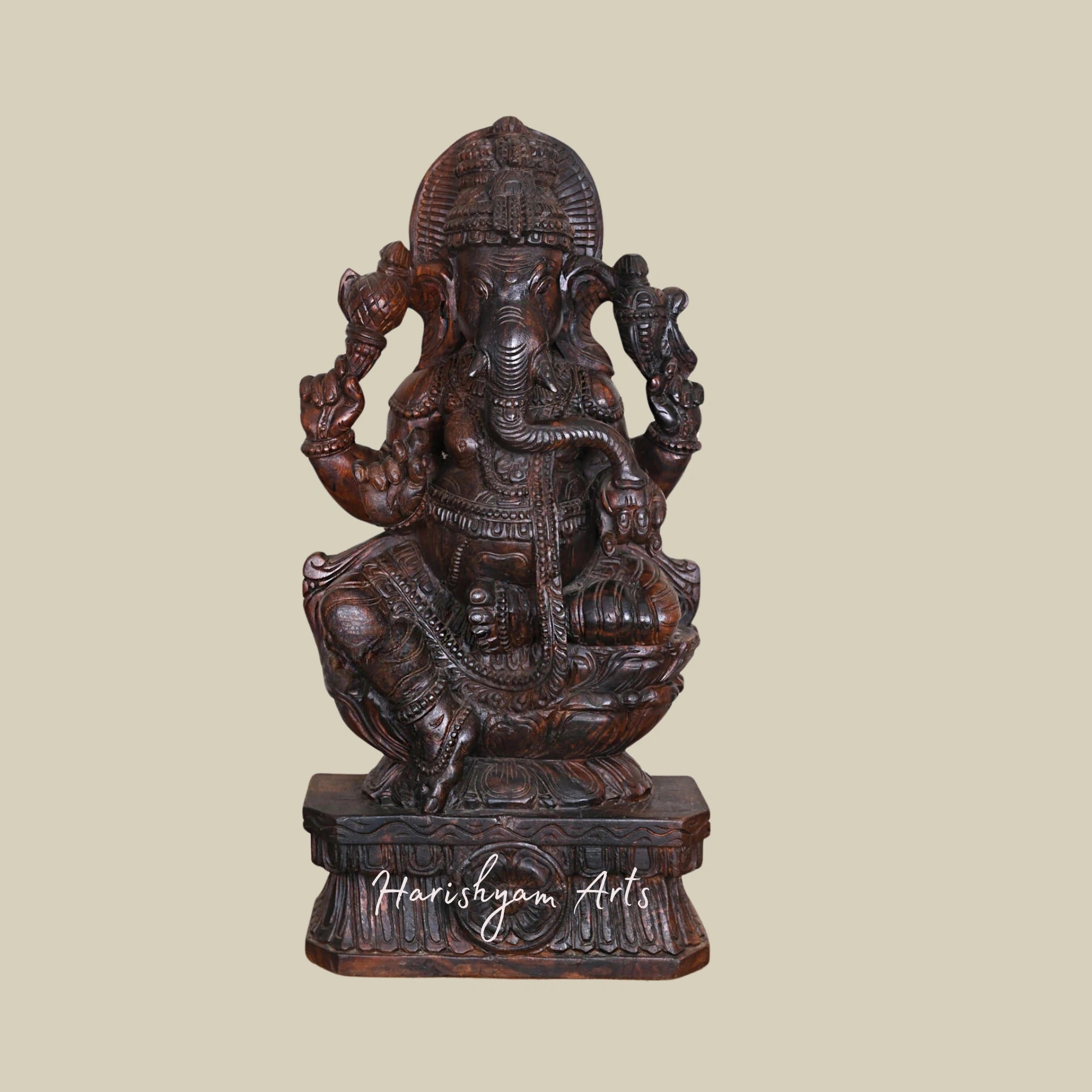 36" Wooden Lord Ganesha Sculpture Enjoying Modak on Double Lotus Petal Base