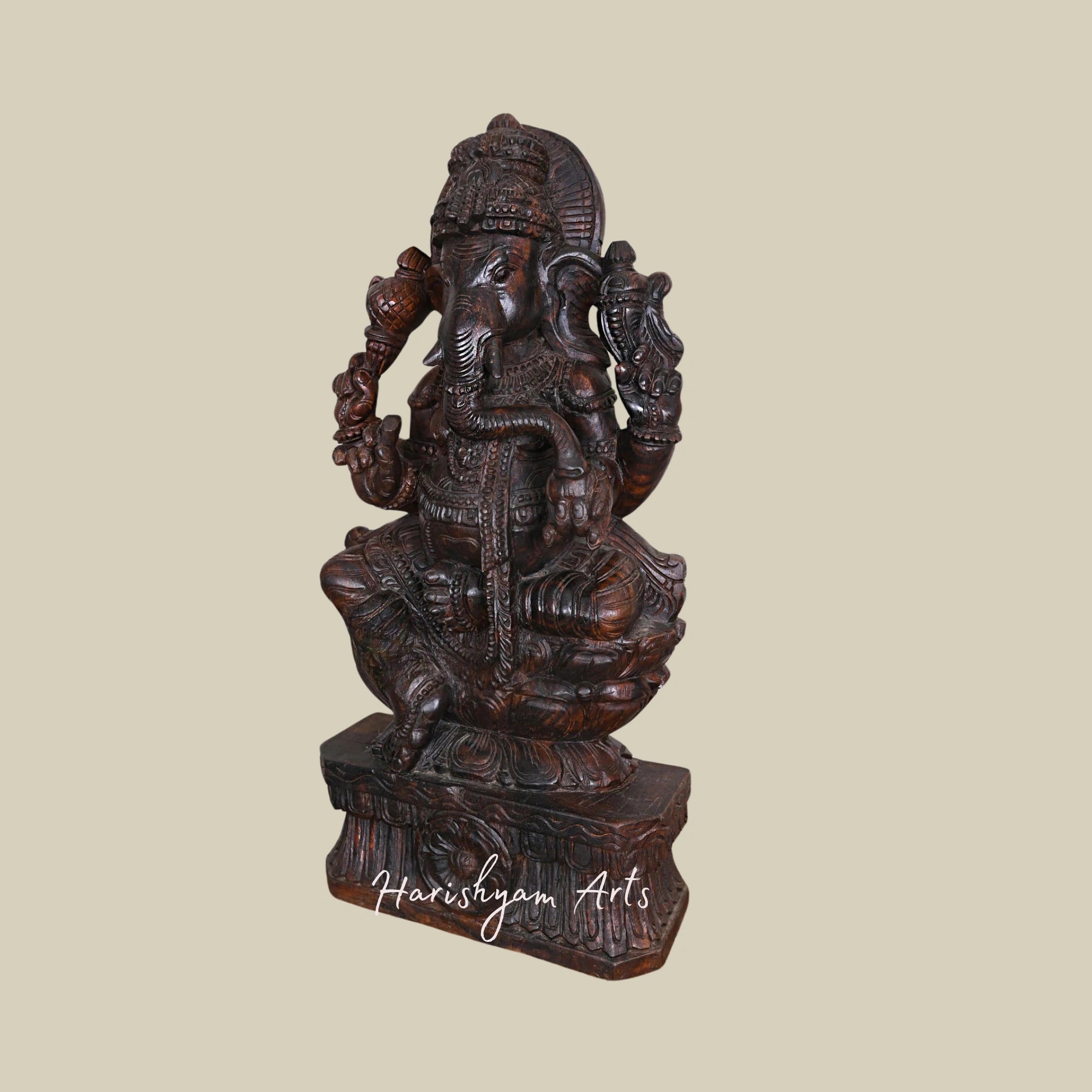 36" Wooden Lord Ganesha Sculpture Enjoying Modak on Double Lotus Petal Base3