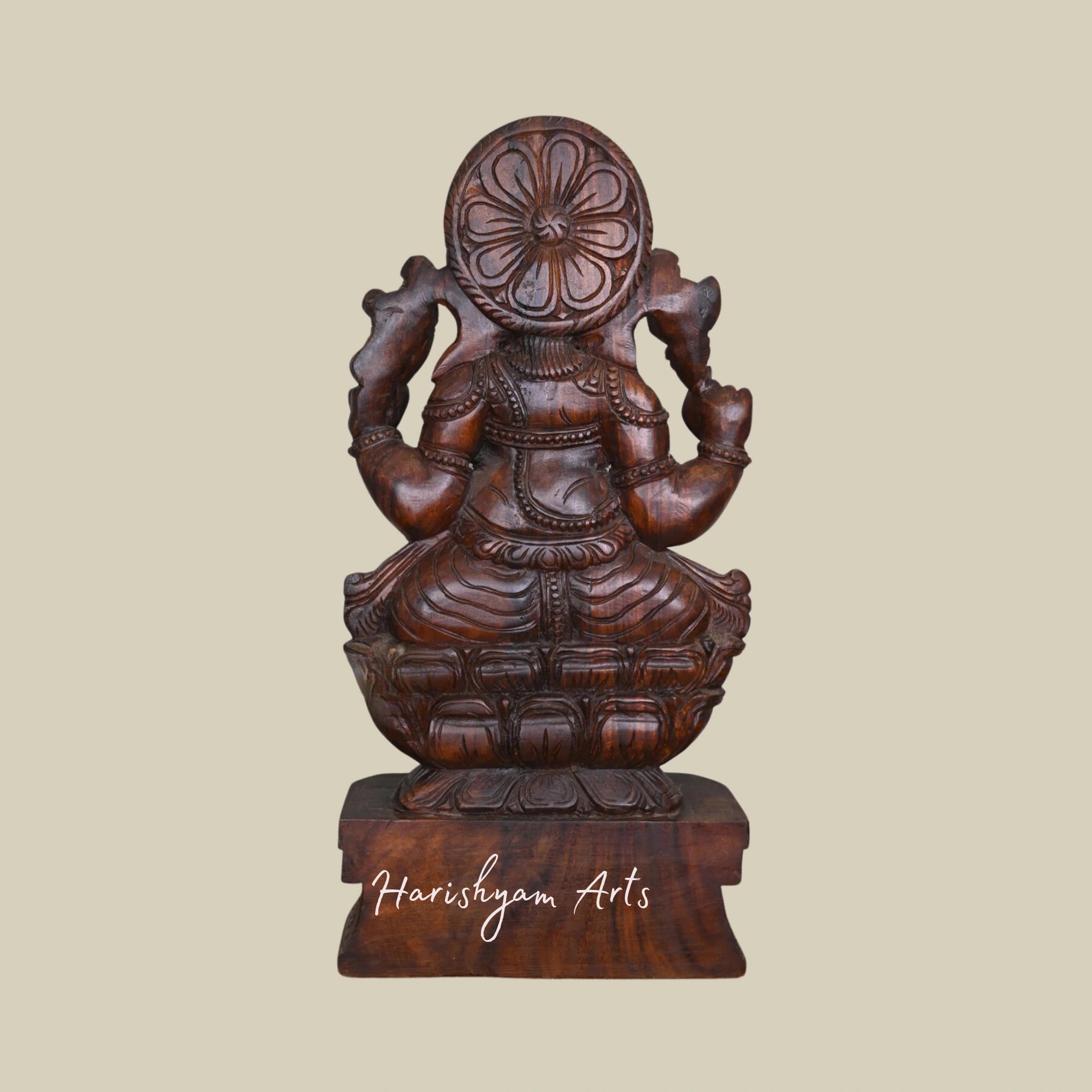 36" Wooden Lord Ganesha Sculpture Enjoying Modak on Double Lotus Petal Base4