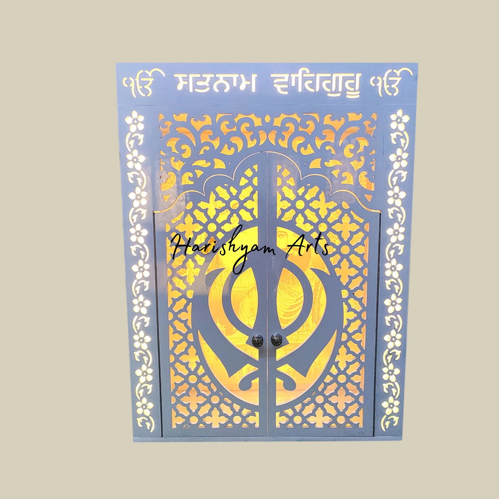 36" waheguru corian mandir with Guru Nanak Ji Mandir Backlit Panel3