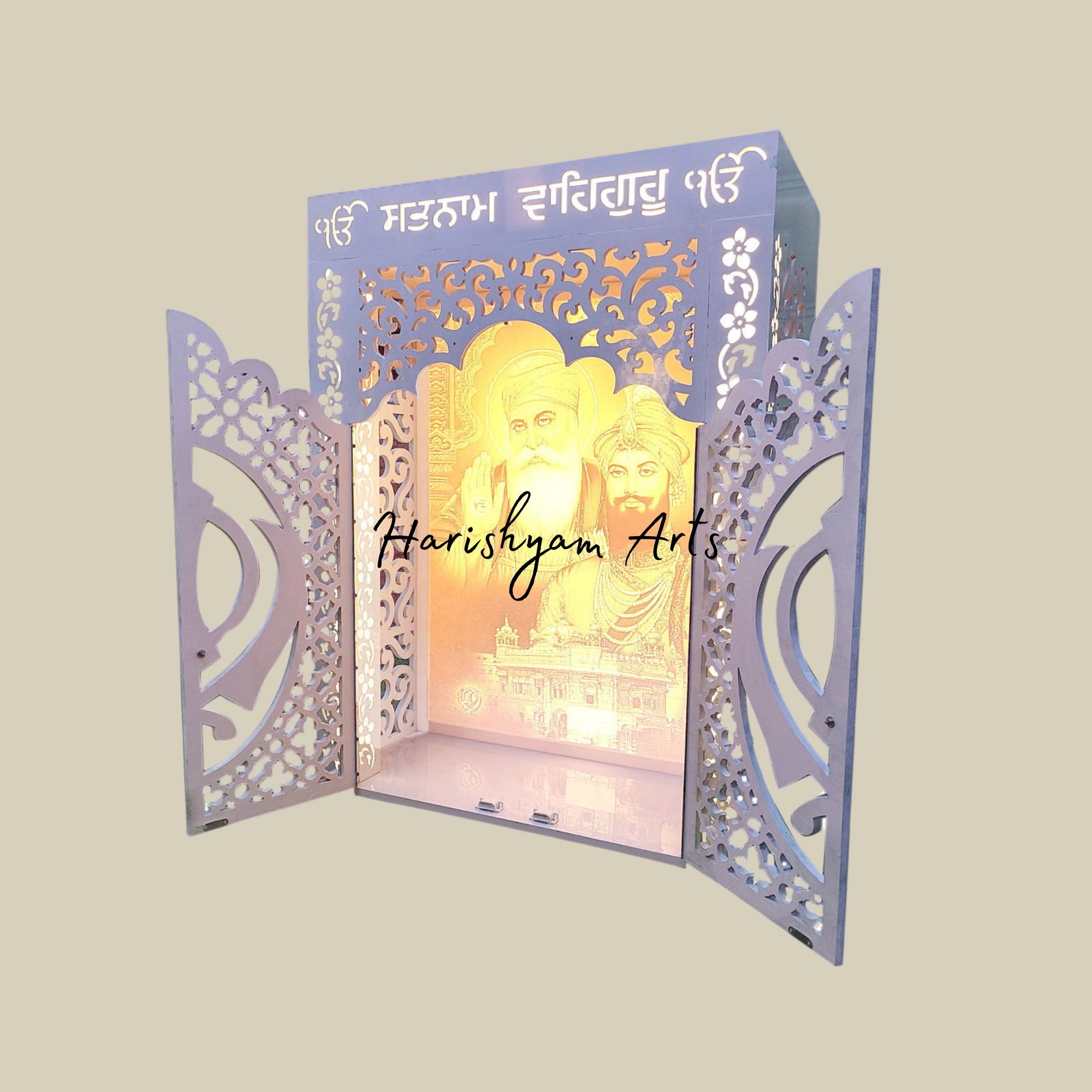 36" waheguru corian mandir with Guru Nanak Ji Mandir Backlit Panel5