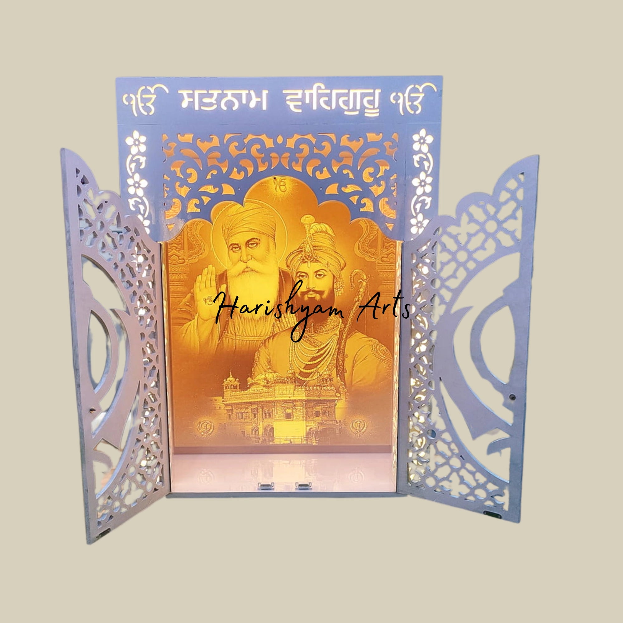 36" waheguru corian mandir with Guru Nanak Ji Mandir Backlit Panel6