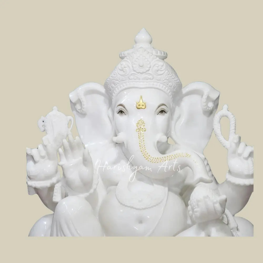 36" Large Attractive Lord Ganesha Statue With Golden Tilak in Vietnam Marble