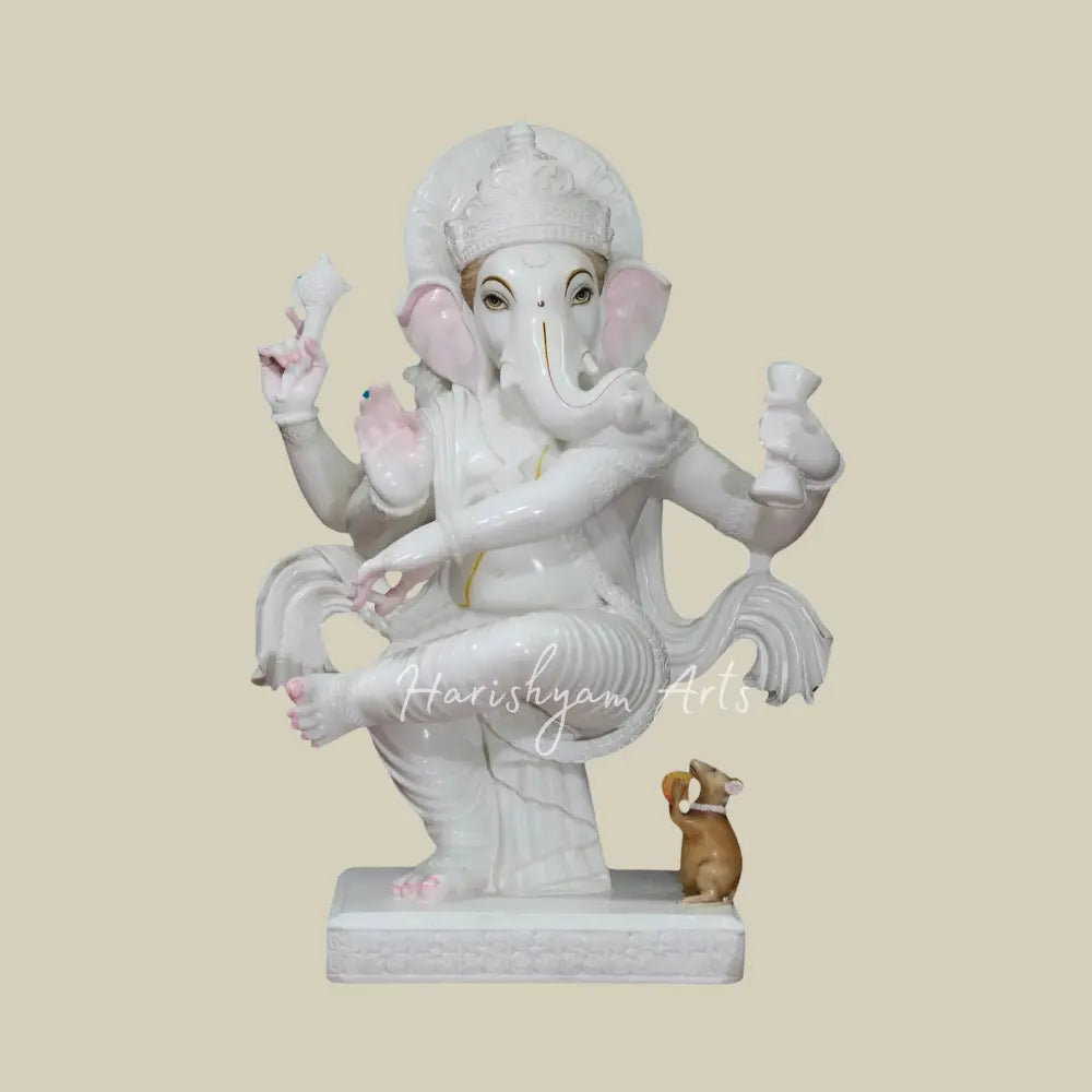 36" Large Lord Ganapati In Dancing Mudra Statue in White Vietnam Marble