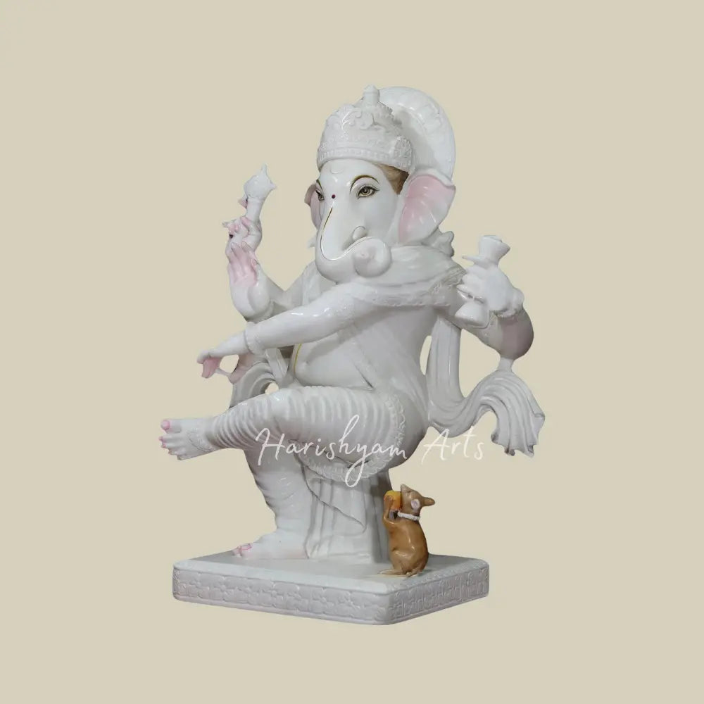 36" Large Lord Ganapati In Dancing Mudra Statue in White Vietnam Marble