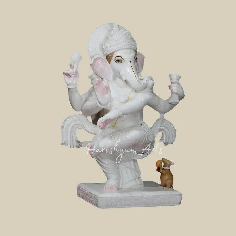 36" Large Lord Ganapati In Dancing Mudra Statue in White Vietnam Marble