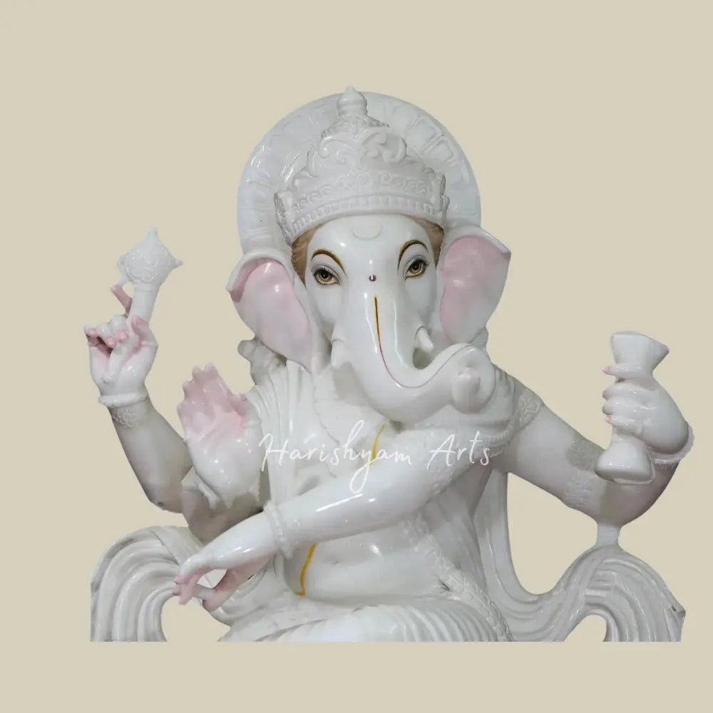 36" Large Lord Ganapati In Dancing Mudra Statue in White Vietnam Marble