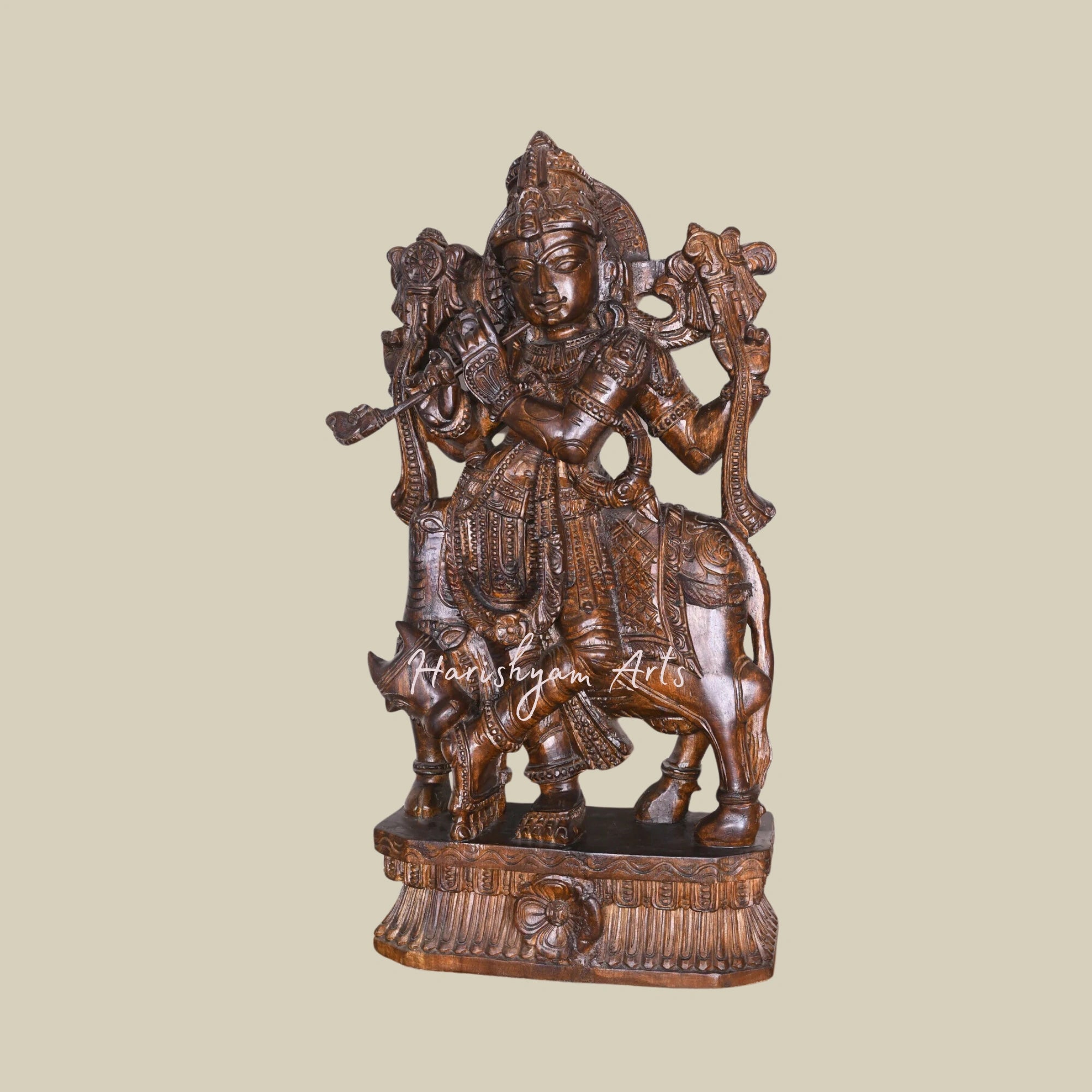 37" Handcarved Wooden Lord Krishna Idol