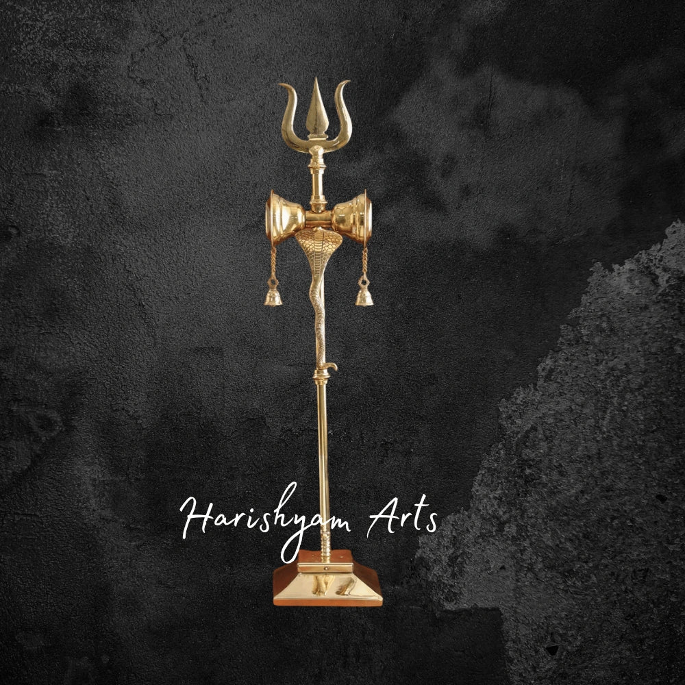 37" Handcrafted Brass Trishul with Damru and Temple Bells