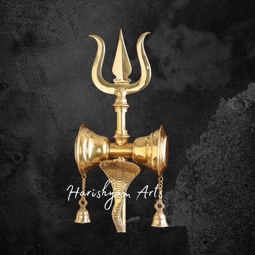 37" Handcrafted Brass Trishul with Damru and Temple Bells