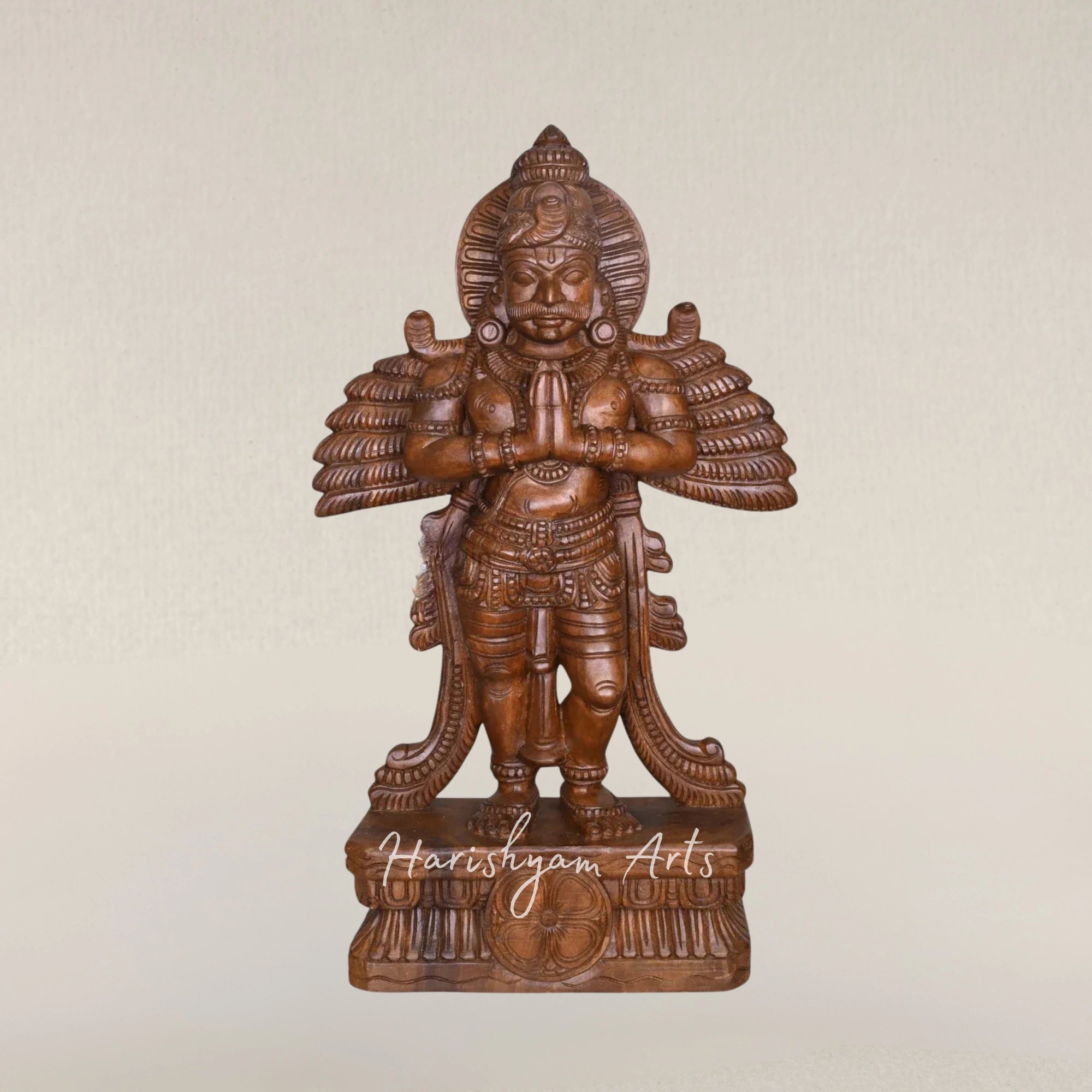 37" Handcrafted Lord Garuda with Wings Standing in Namaste Pose Wooden Idol