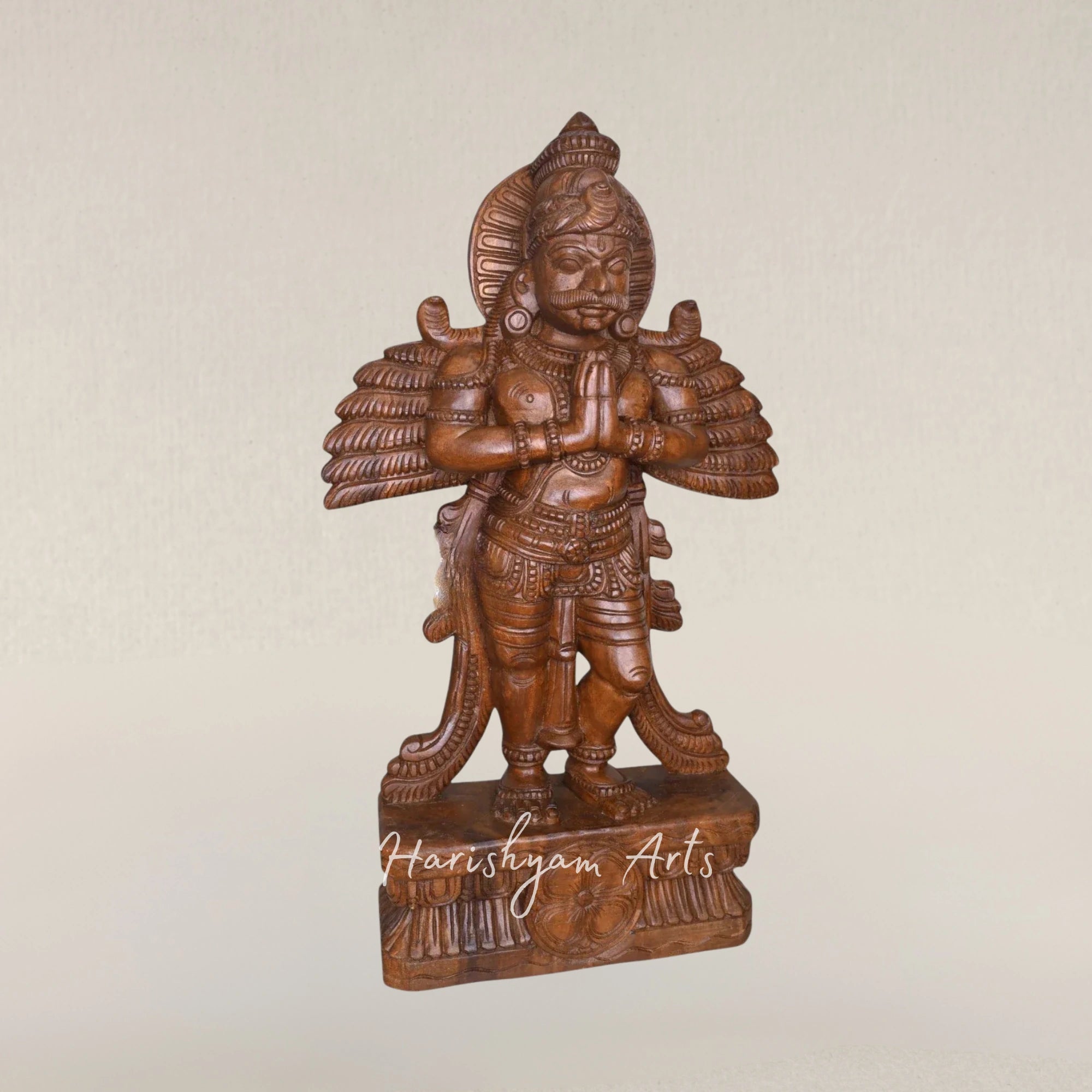 37" Handcrafted Lord Garuda with Wings Standing in Namaste Pose Wooden Idol