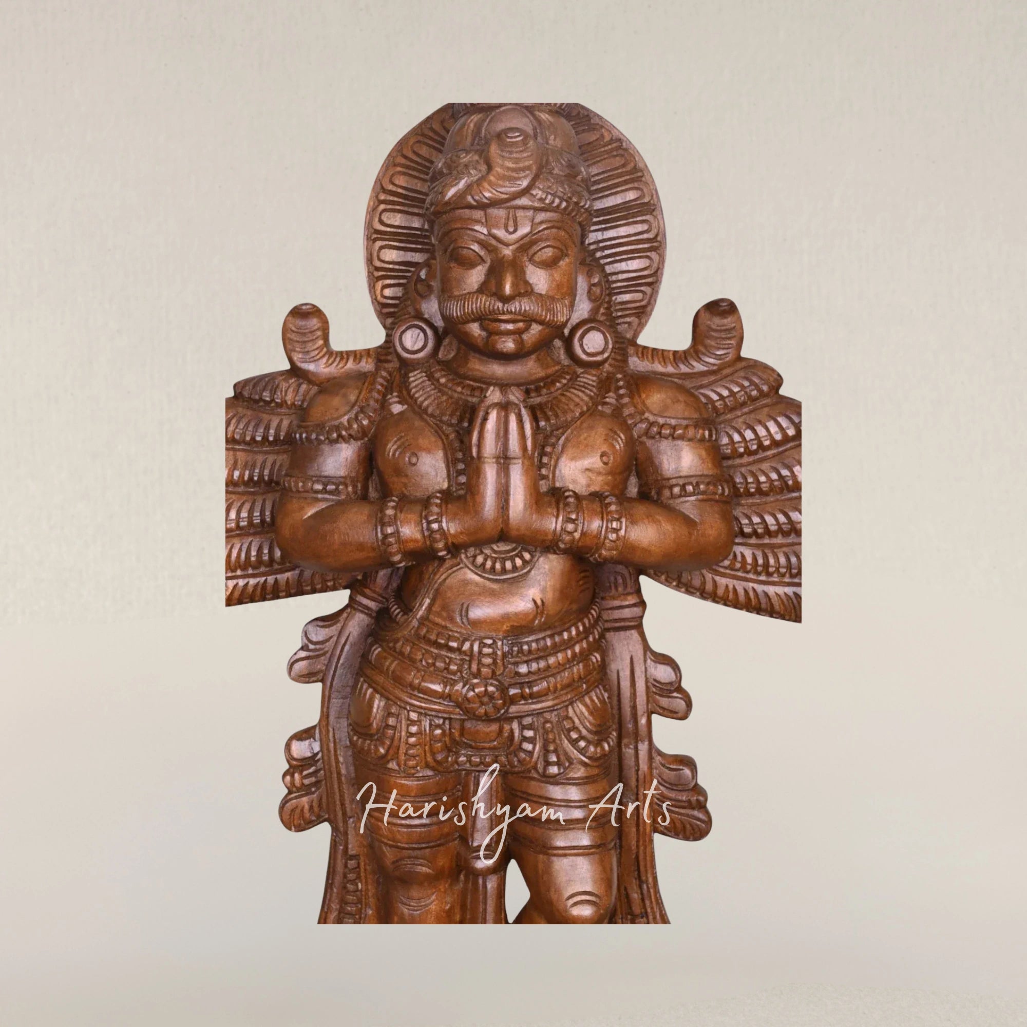37" Handcrafted Lord Garuda with Wings Standing in Namaste Pose Wooden Idol
