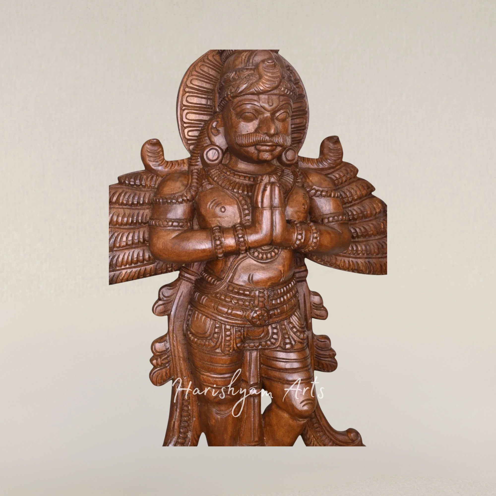 37" Handcrafted Lord Garuda with Wings Standing in Namaste Pose Wooden Idol