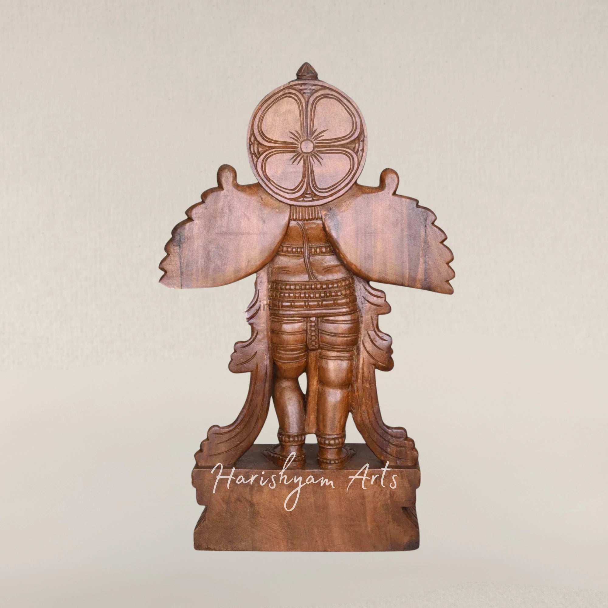 37" Handcrafted Lord Garuda with Wings Standing in Namaste Pose Wooden Idol