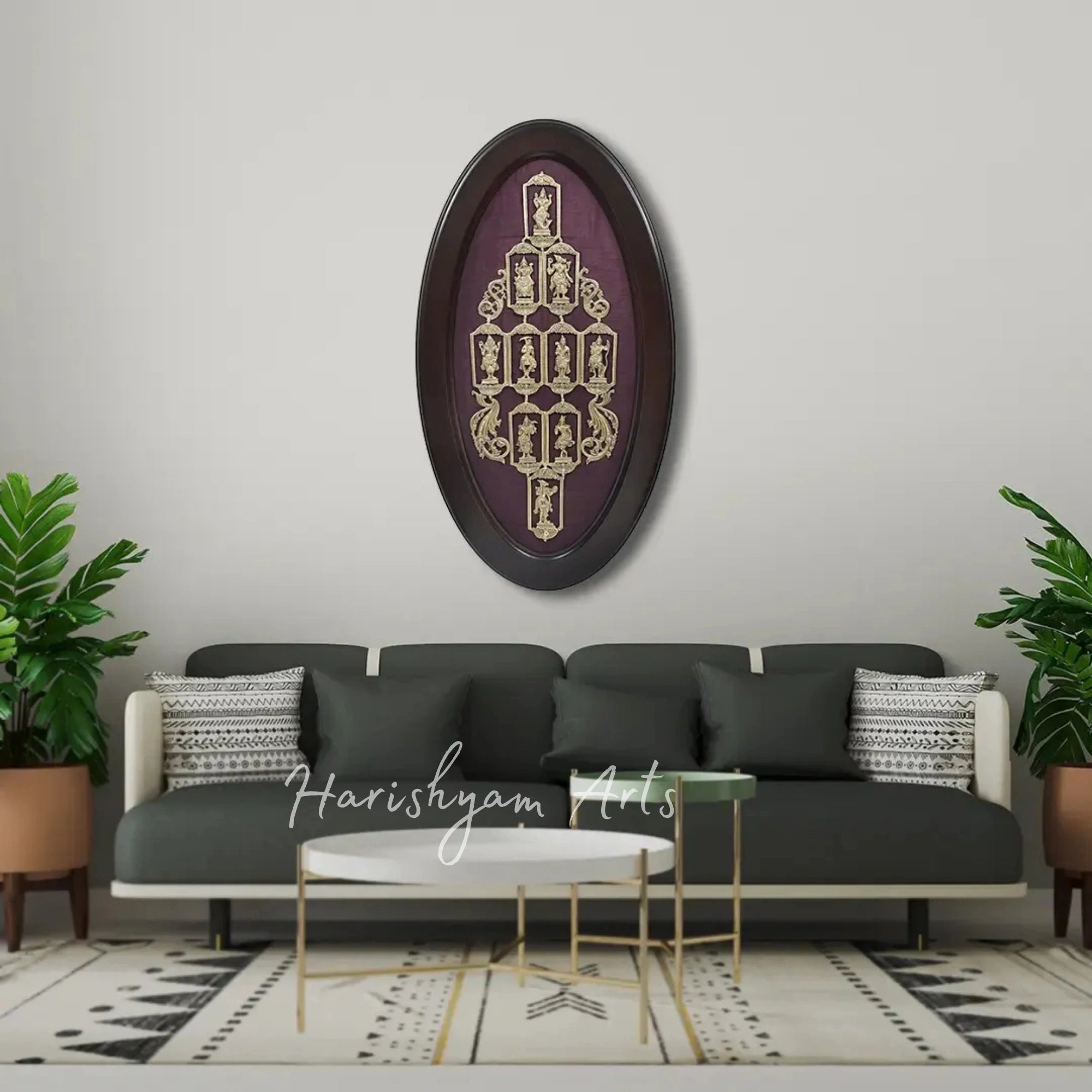 37" Oval Framed Brass Dashavatara Wall Art with Traditional Indian Detailing