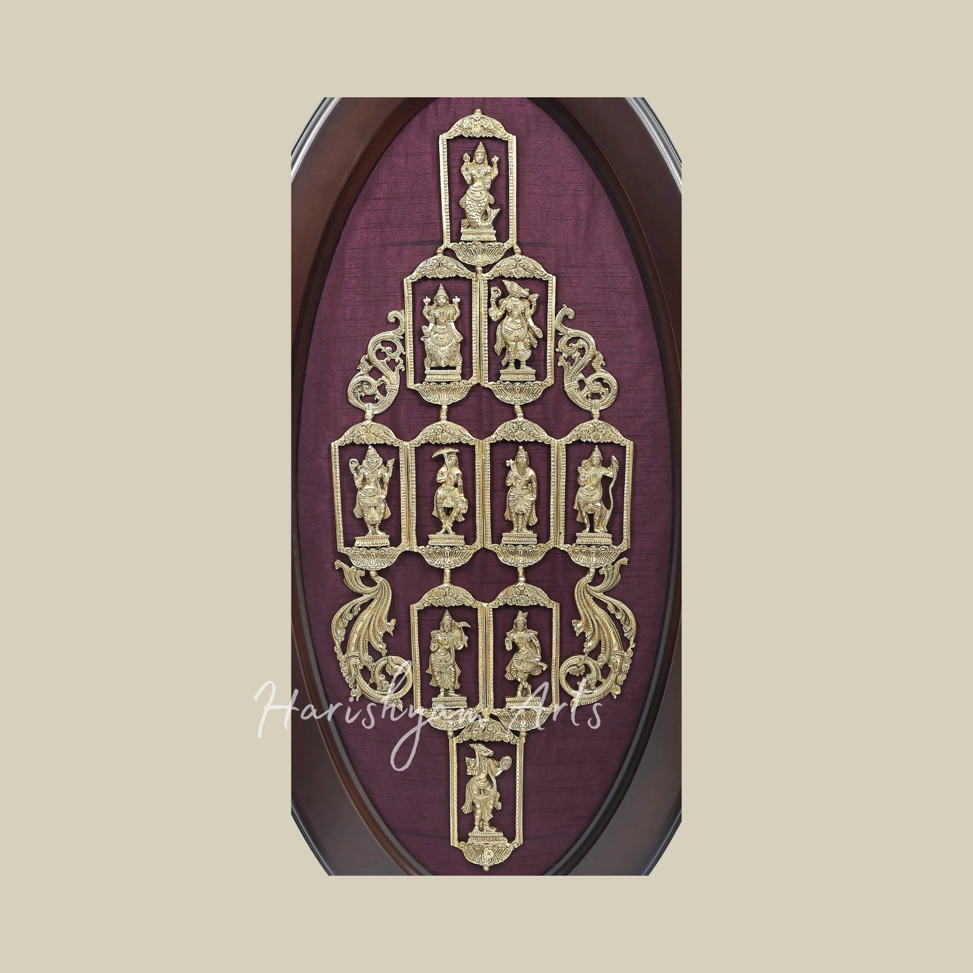 37" Oval Framed Brass Dashavatara Wall Art with Traditional Indian Detailing
