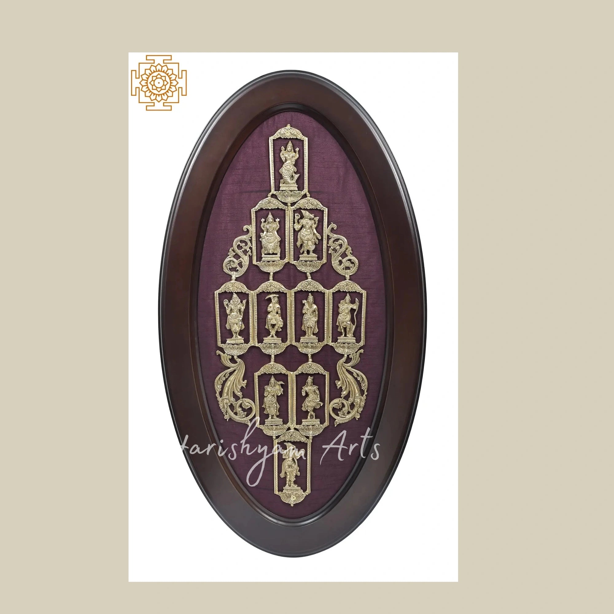 37" Oval Framed Brass Dashavatara Wall Art with Traditional Indian Detailing
