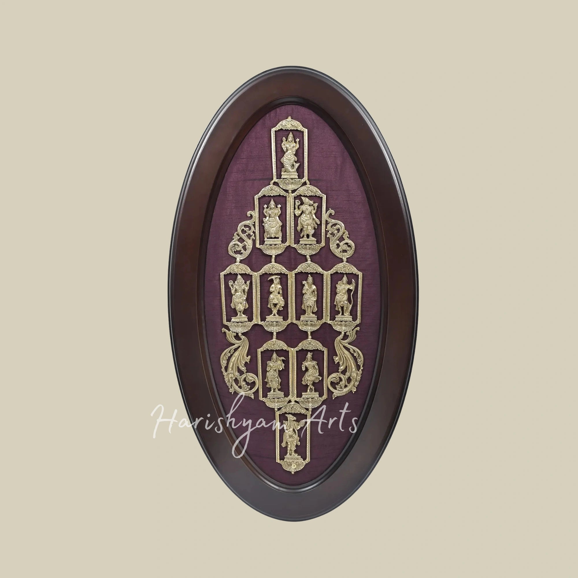 37" Oval Framed Brass Dashavatara Wall Art with Traditional Indian Detailing