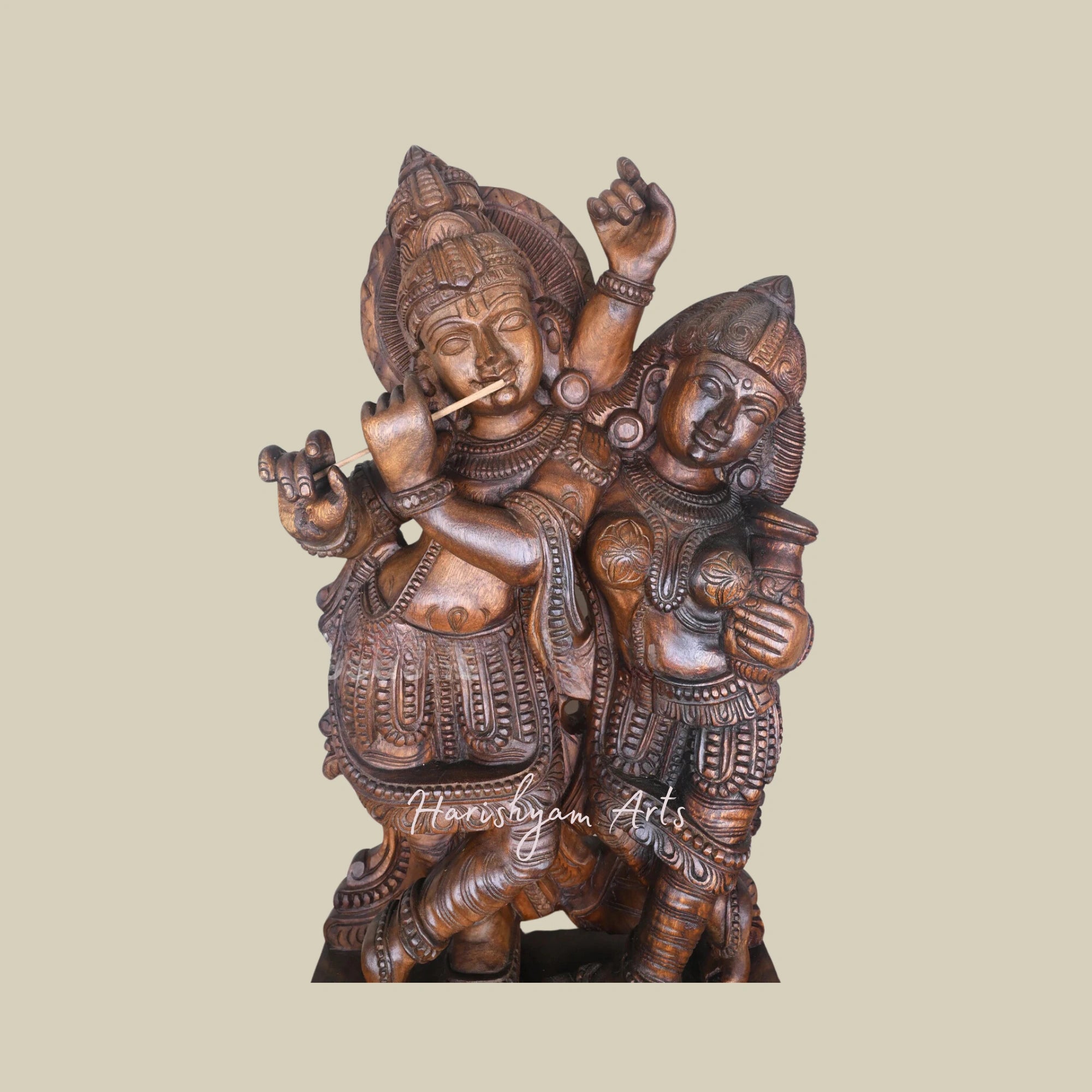 37" Wooden Krishna with Flute Statue, Charming Krishna Playing Flute with Radha