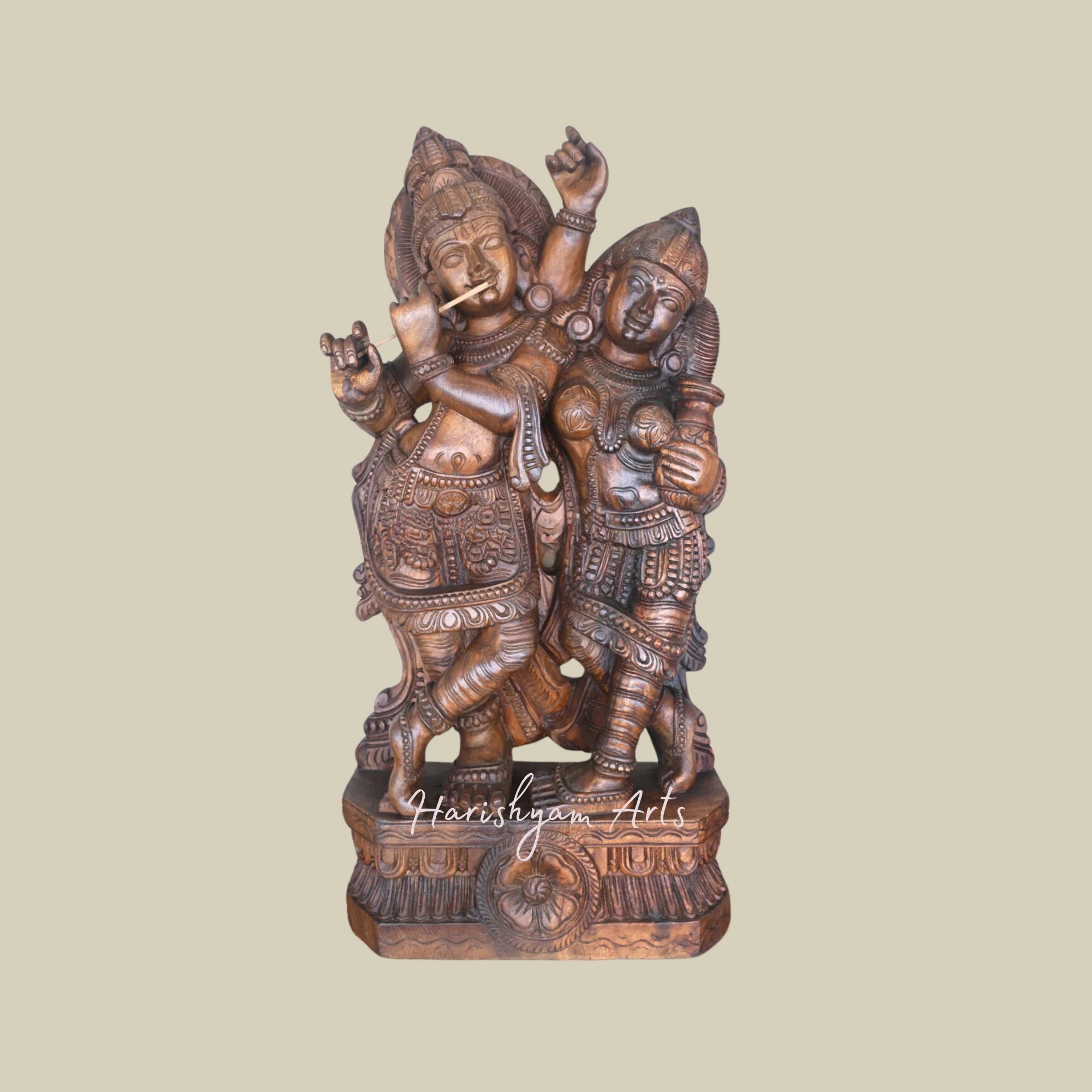 37" Wooden Krishna with Flute Statue, Charming Krishna Playing Flute with Radha2