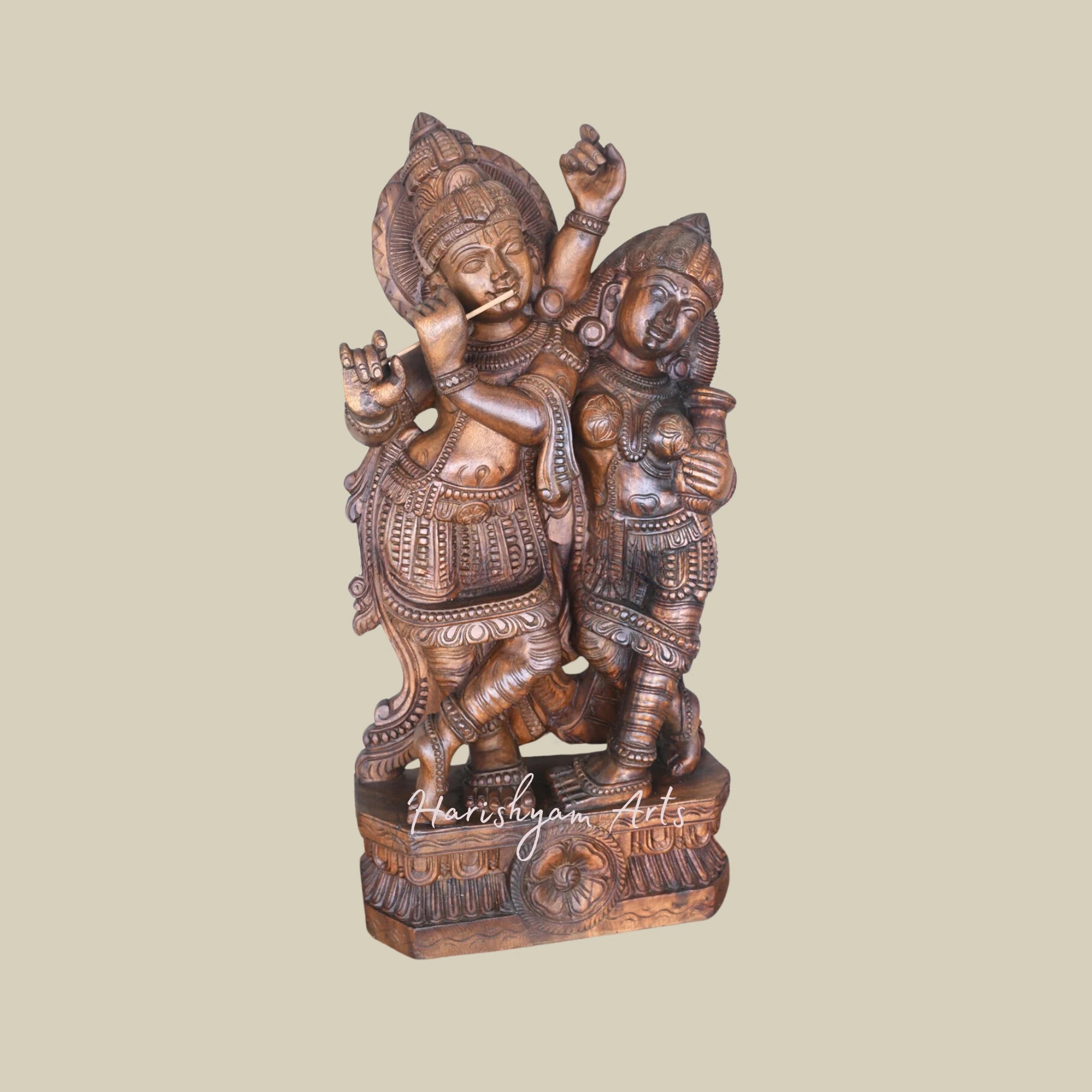 37" Wooden Krishna with Flute Statue, Charming Krishna Playing Flute with Radha3