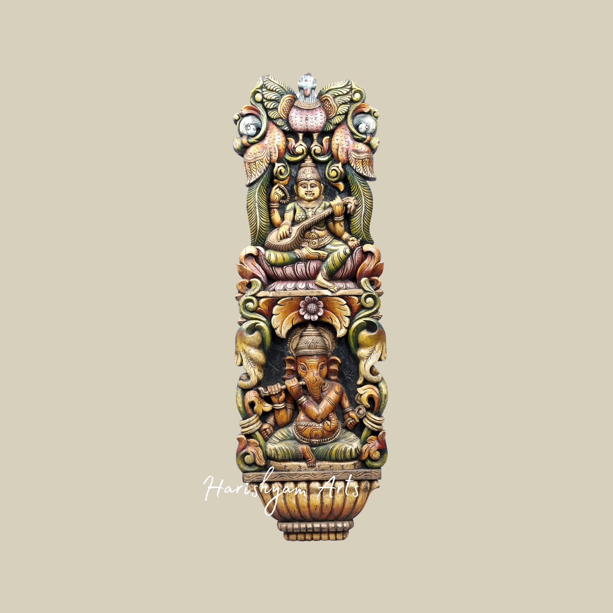 37" Wooden Saraswati Statue for Home with Veena & Lord Ganesha Playing Flute Large Wall Panel