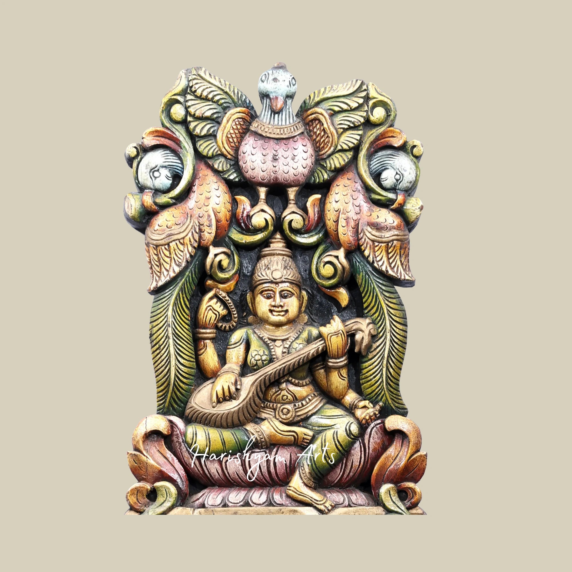 37" Wooden Saraswati Statue for Home with Veena & Lord Ganesha Playing Flute Large Wall Panel1