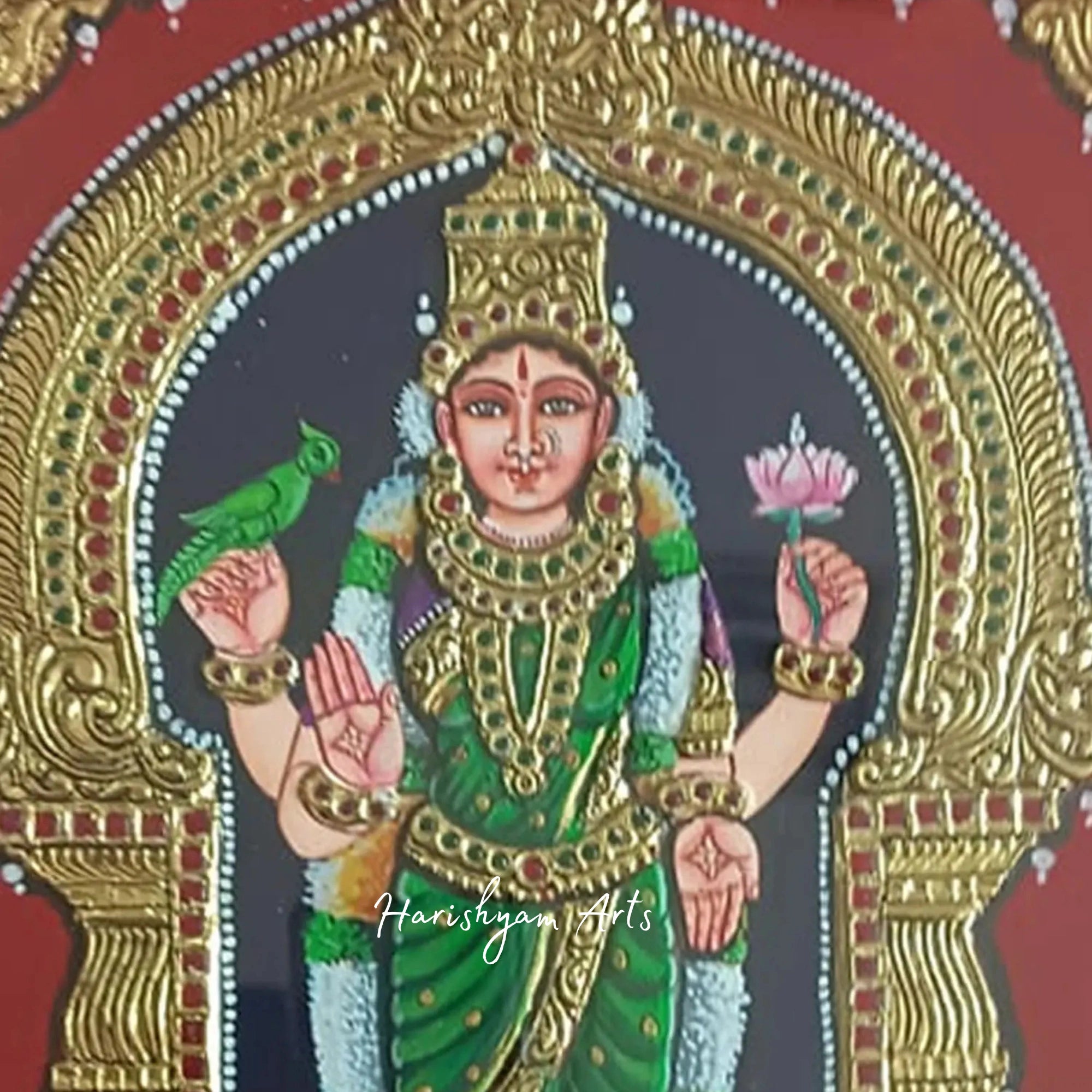 38" Chaturbhuj Goddess Meenakshi Amman Tanjore Painting with Elegant Frame