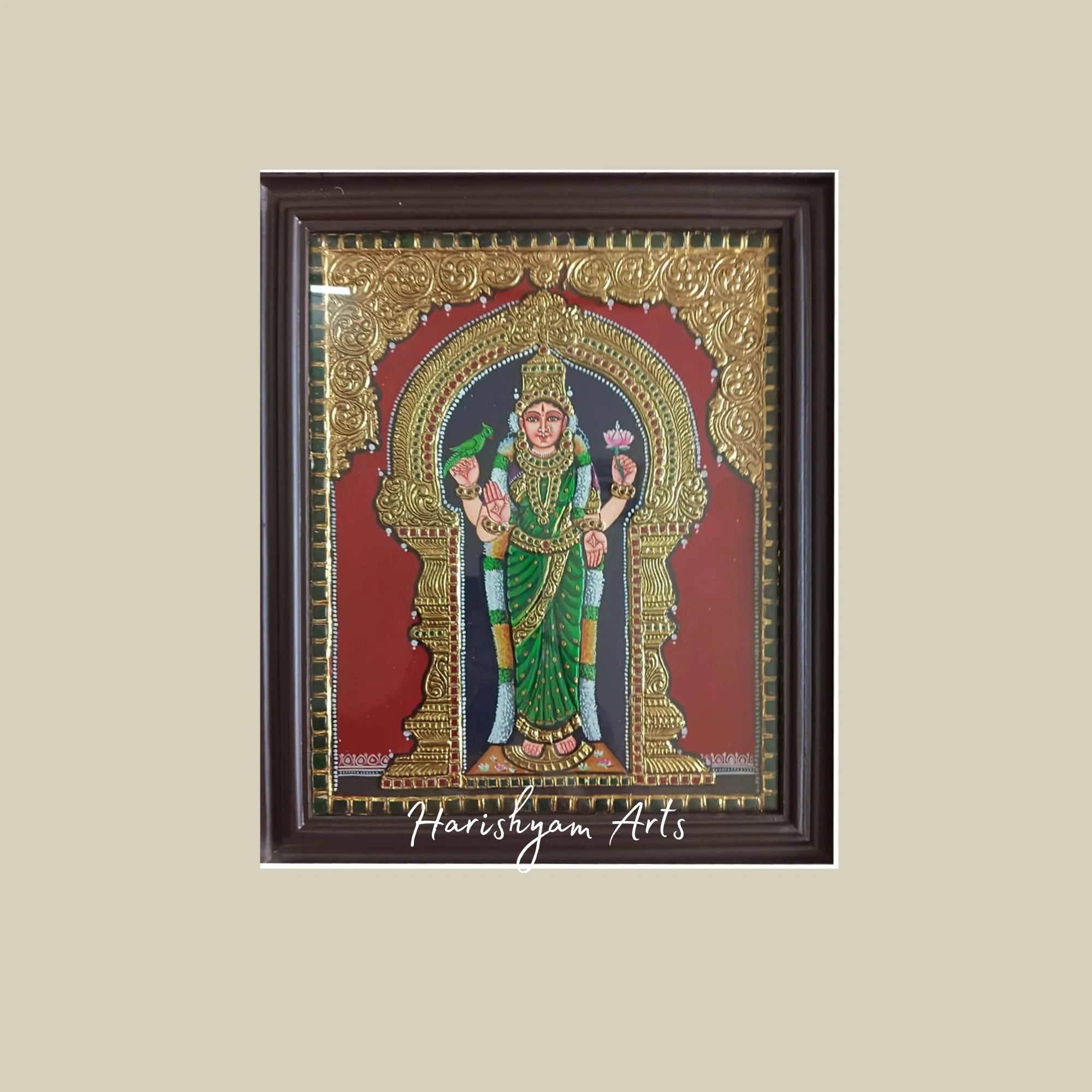 38" Chaturbhuj Goddess Meenakshi Amman Tanjore Painting with Elegant Frame