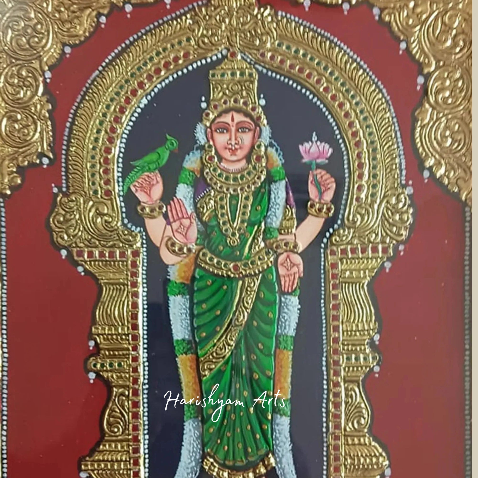 38" Chaturbhuj Goddess Meenakshi Amman Tanjore Painting with Elegant Frame