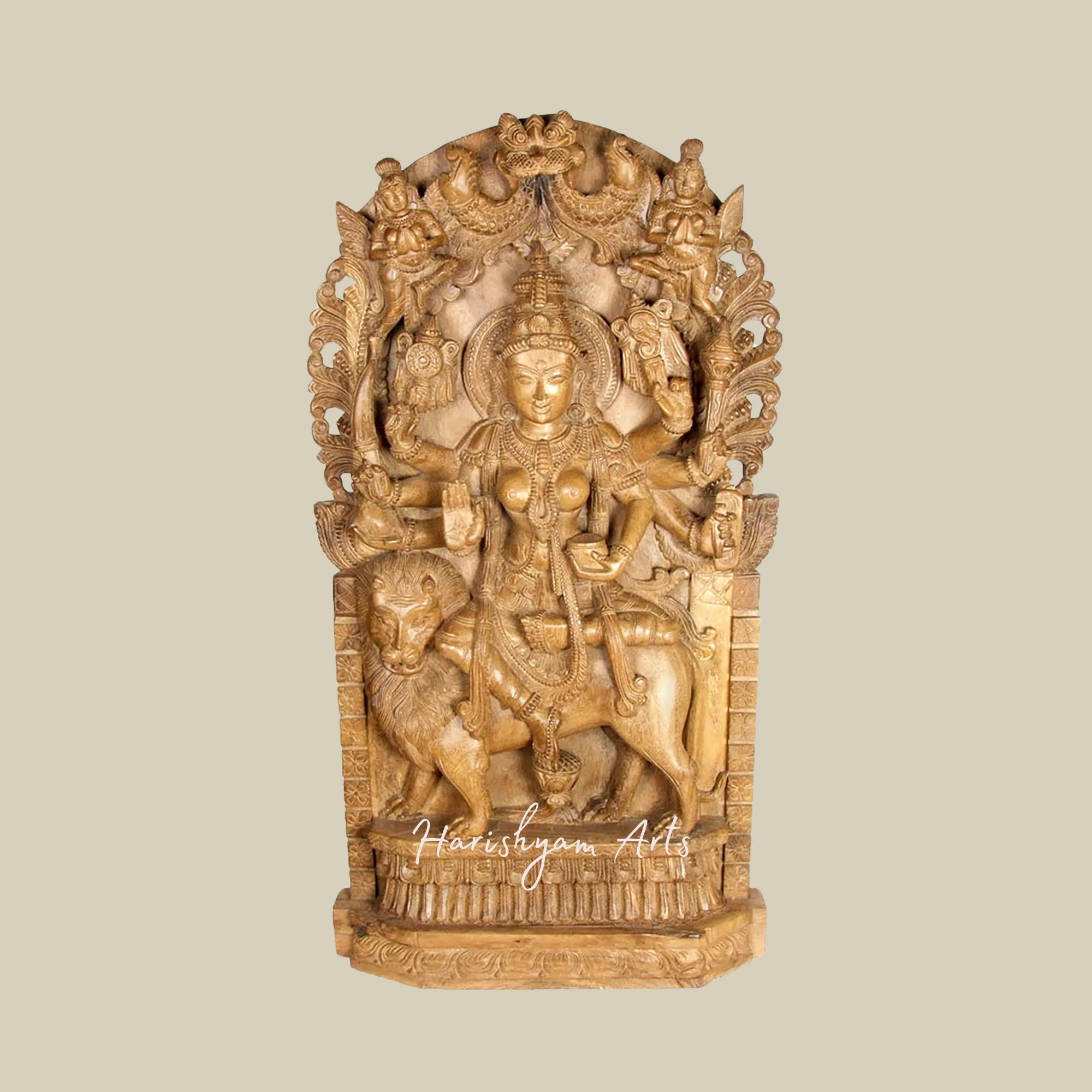 38" Goddess Durga with Vidyadharas and Kirtimukha Exquisite Wooden Durga Idol for Living Room